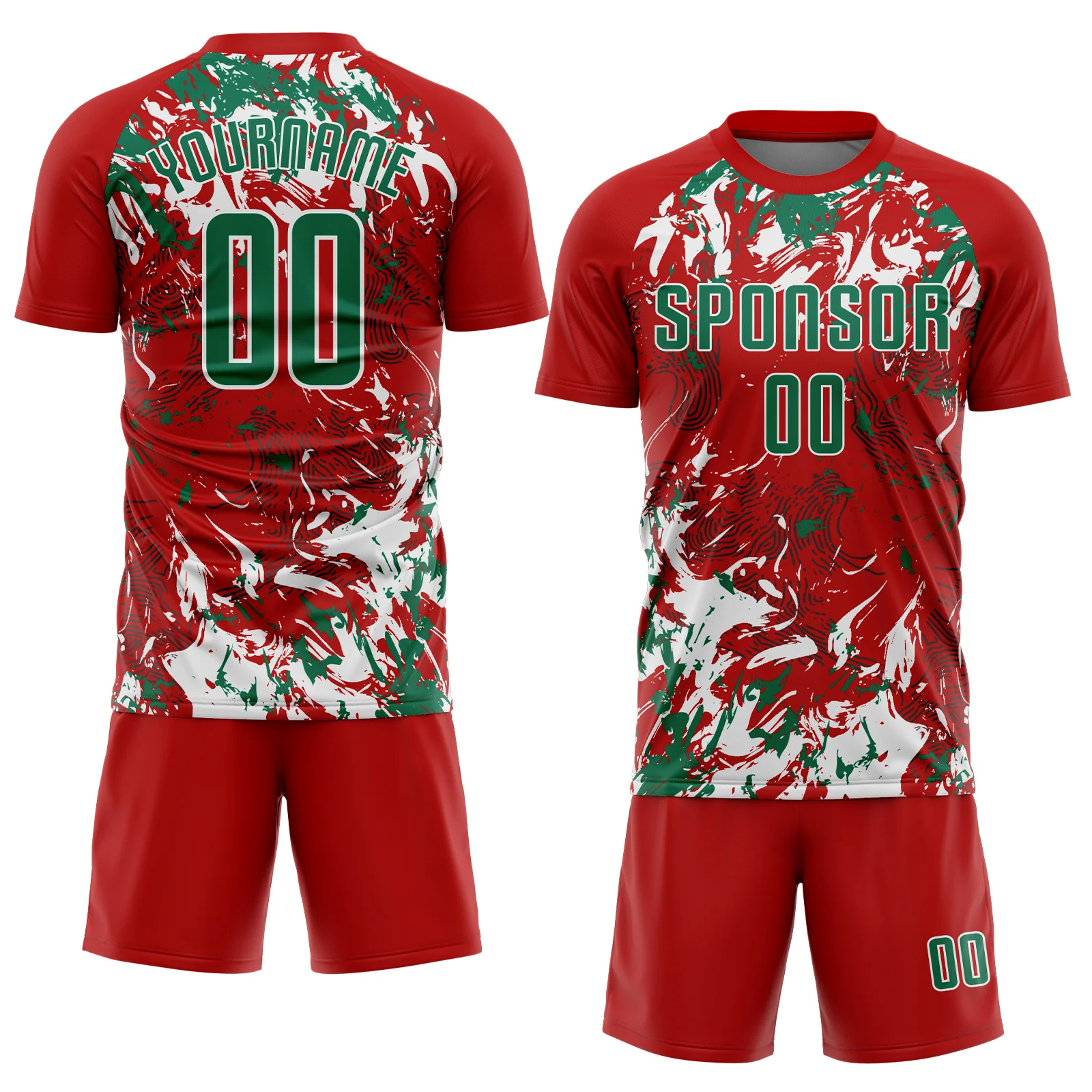 Custom Red Kelly Green-White Fluid Art Splash Sublimation Soccer Uniform Jersey - Image 2