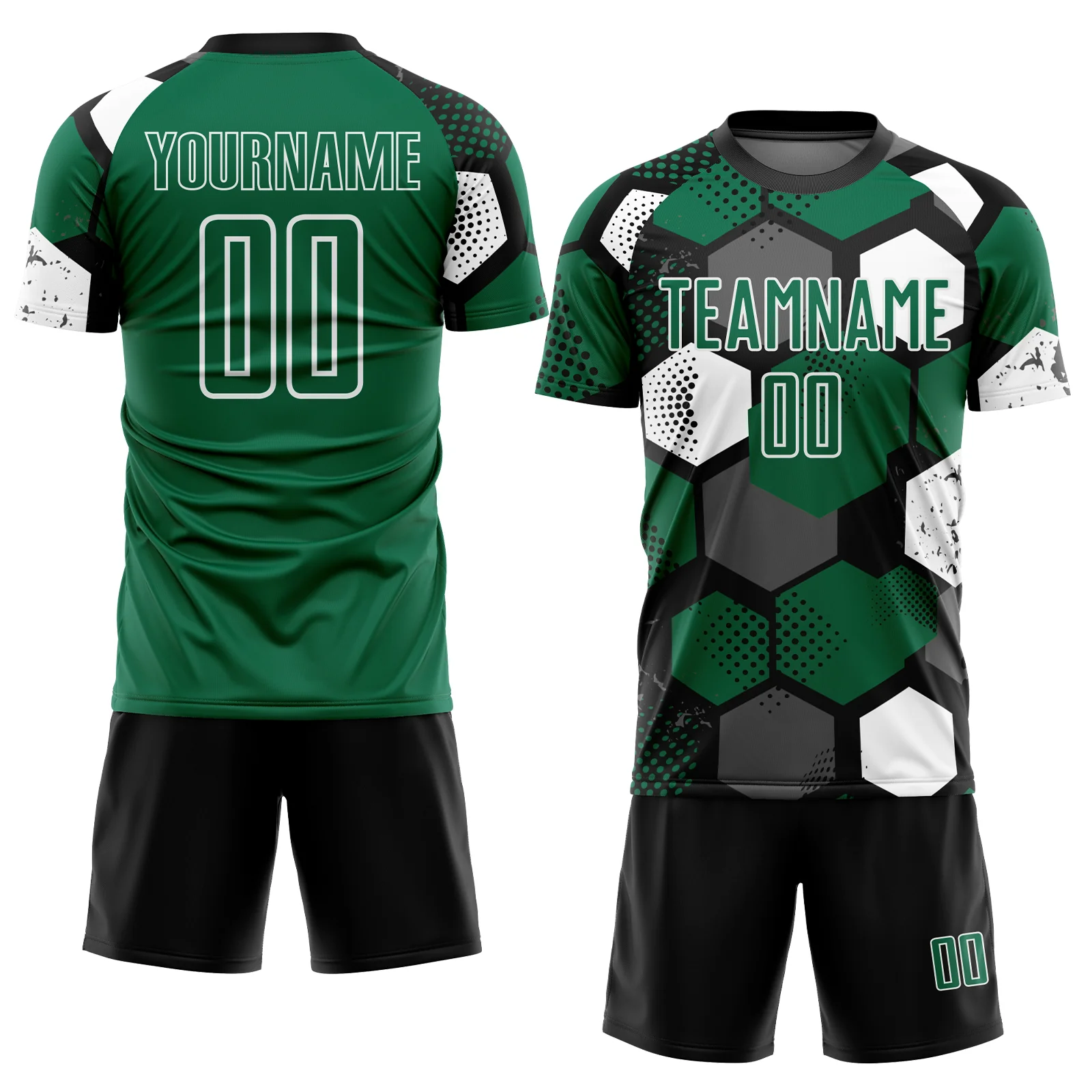 Custom Black Kelly Green-White Geometric Shape Sublimation Soccer Uniform Jersey - Image 2