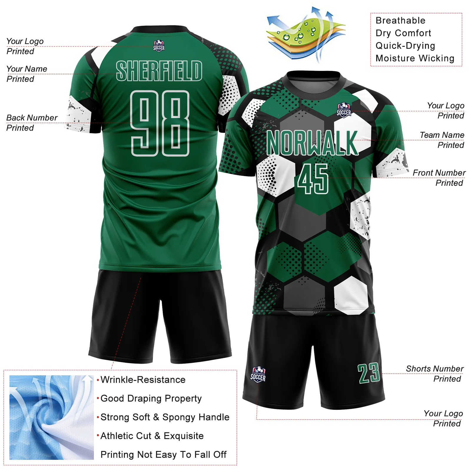 Custom Black Kelly Green-White Geometric Shape Sublimation Soccer Uniform Jersey - Image 4