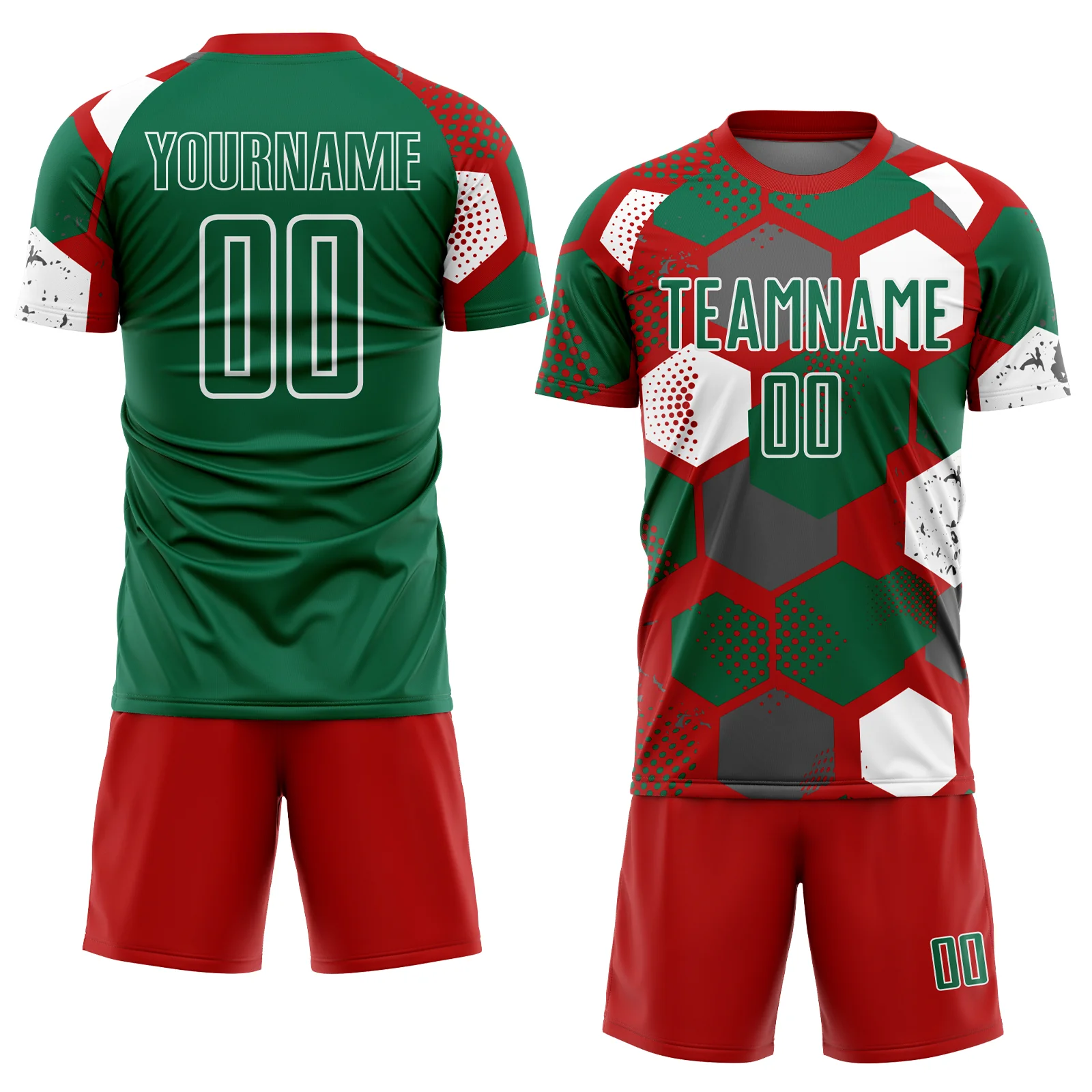 Custom Red Kelly Green-White Geometric Shape Sublimation Soccer Uniform Jersey - Image 2