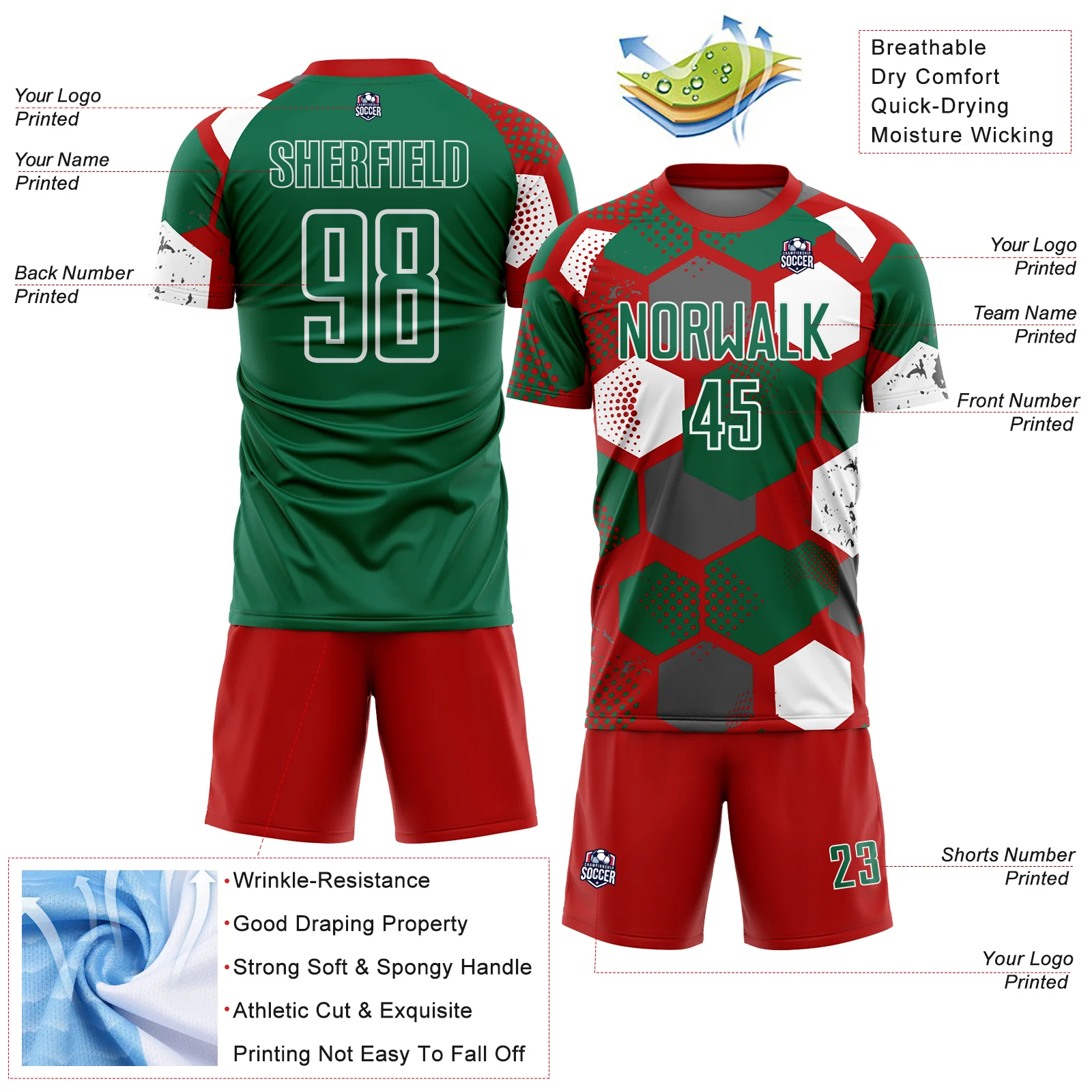 Custom Red Kelly Green-White Geometric Shape Sublimation Soccer Uniform Jersey - Image 4