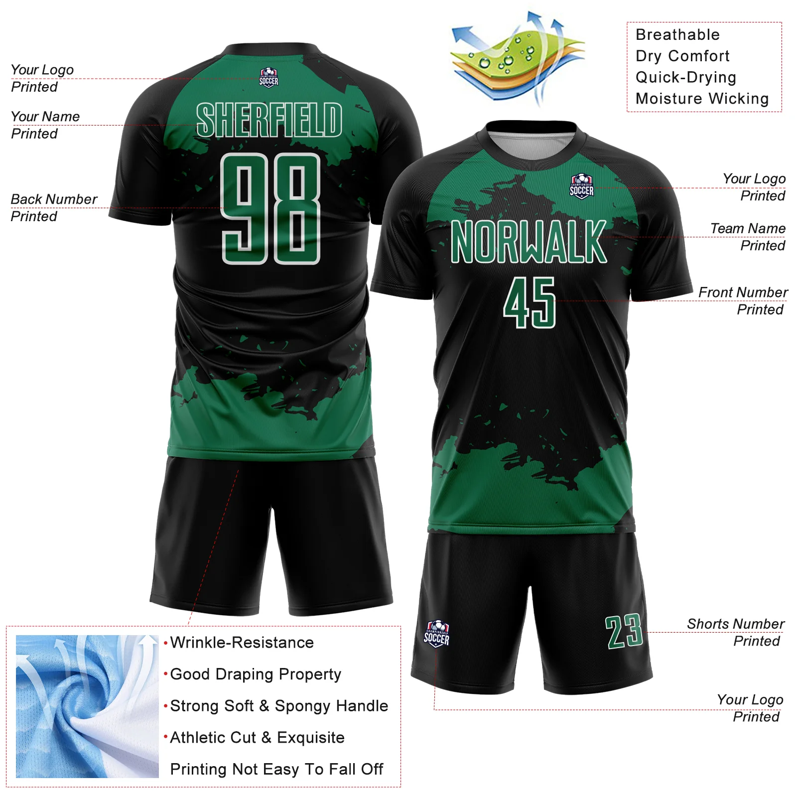 Custom Black Kelly Green-White Abstract Fragment Art Sublimation Soccer Uniform Jersey - Image 4