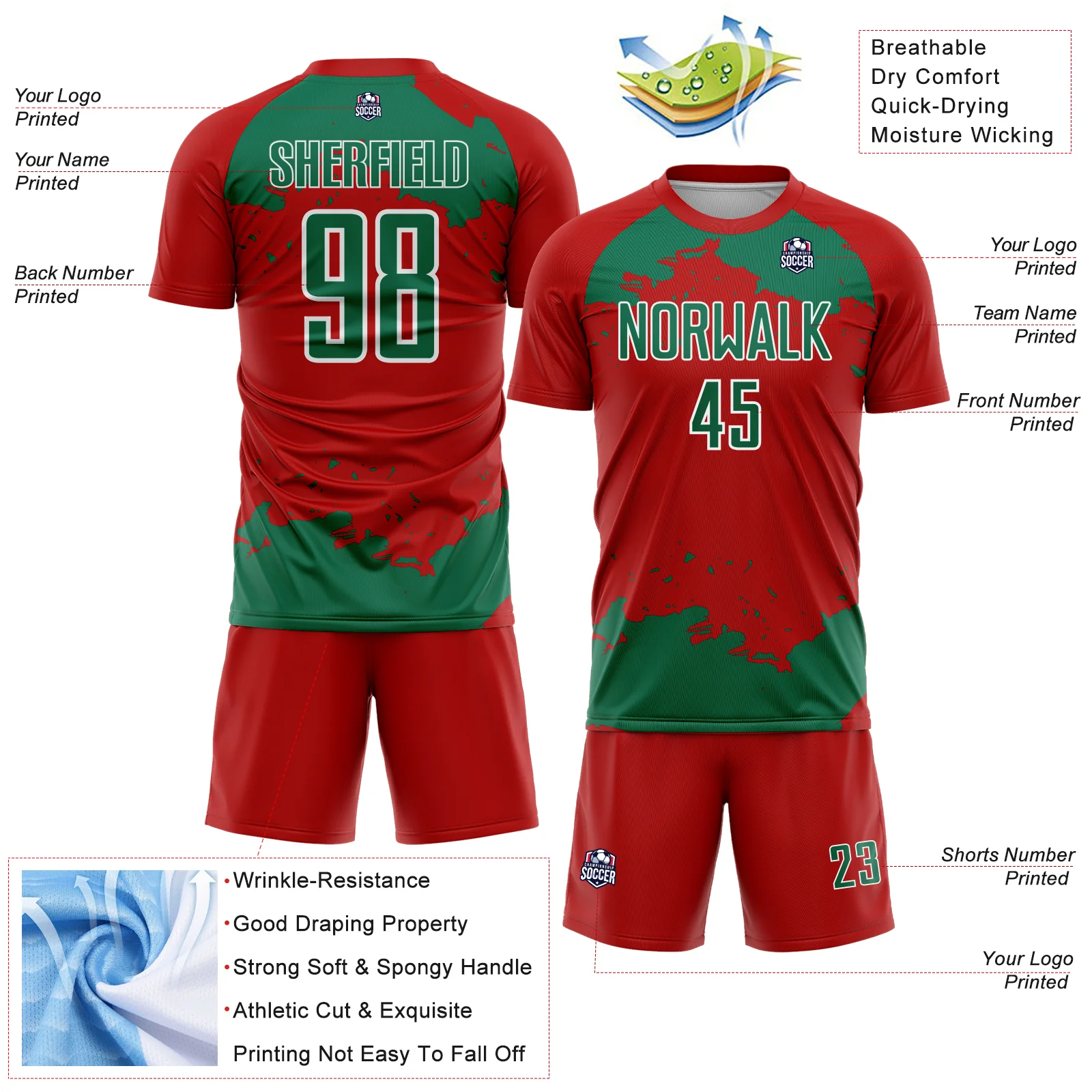 Custom Red Kelly Green-White Abstract Fragment Art Sublimation Soccer Uniform Jersey - Image 4