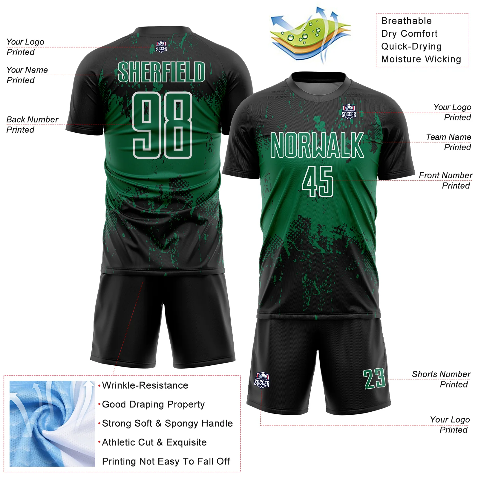 Custom Black Kelly Green-White Abstract Splatter Grunge Art Sports Sublimation Soccer Uniform Jersey - Image 4
