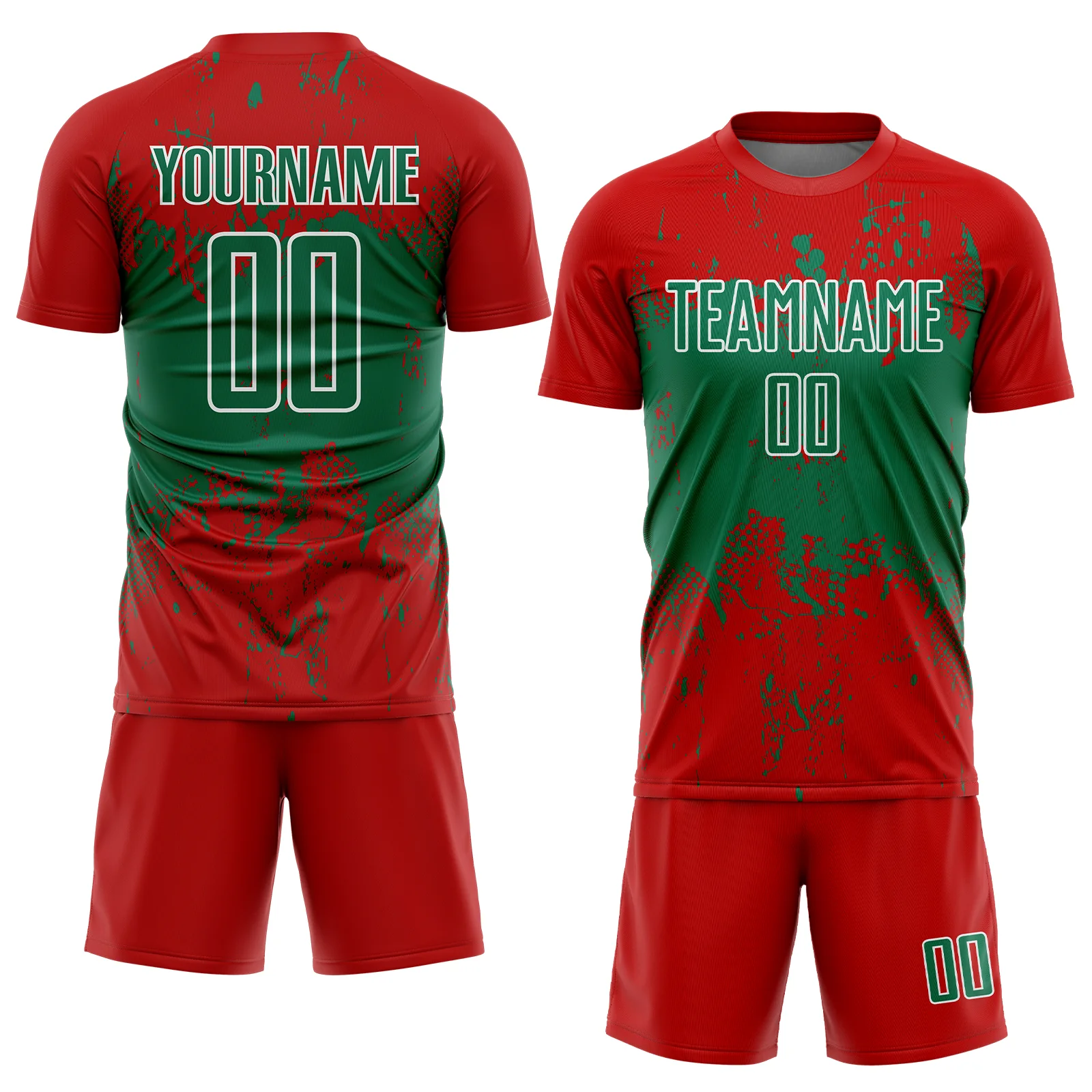 Custom Red Kelly Green-White Abstract Splatter Grunge Art Sports Sublimation Soccer Uniform Jersey - Image 2