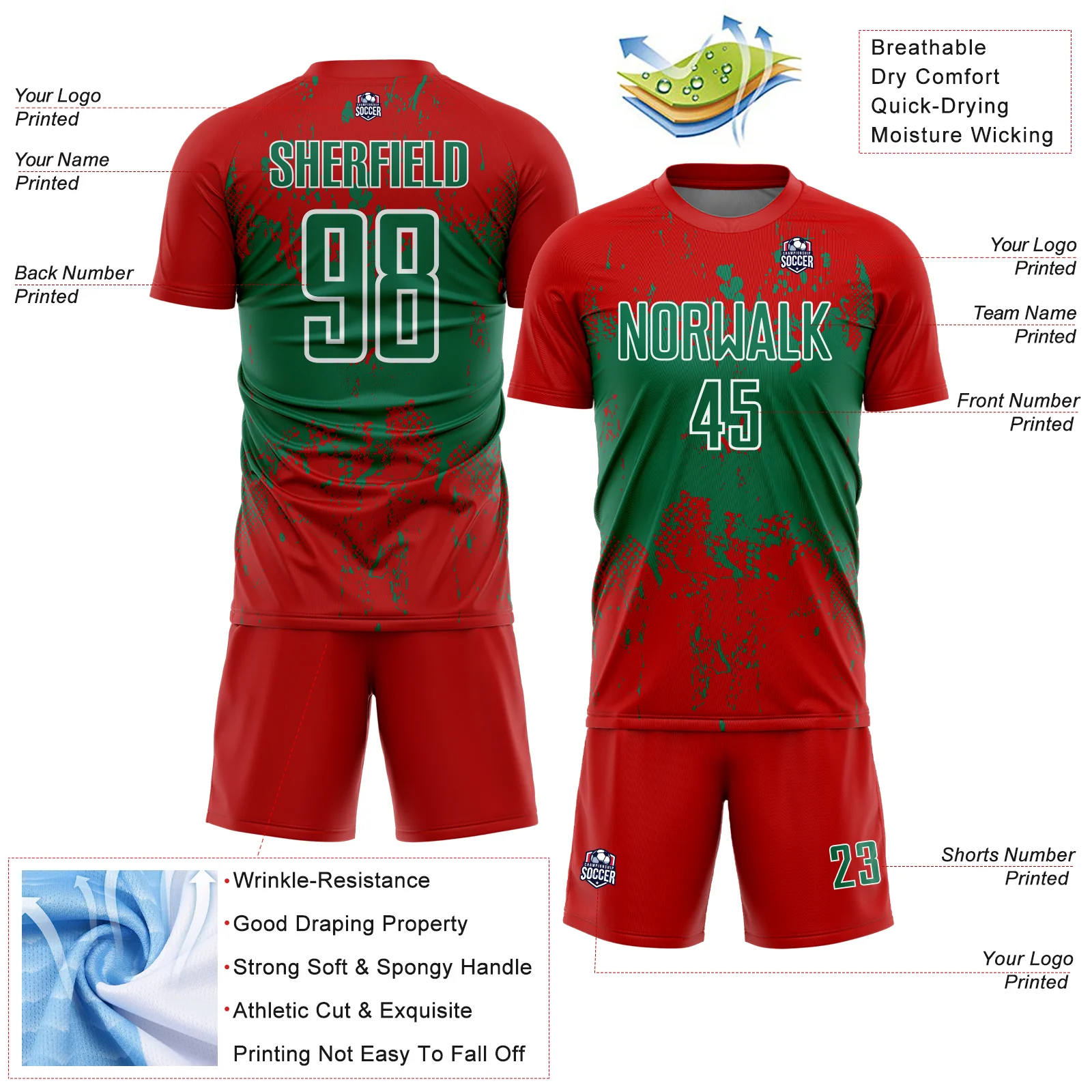 Custom Red Kelly Green-White Abstract Splatter Grunge Art Sports Sublimation Soccer Uniform Jersey - Image 4