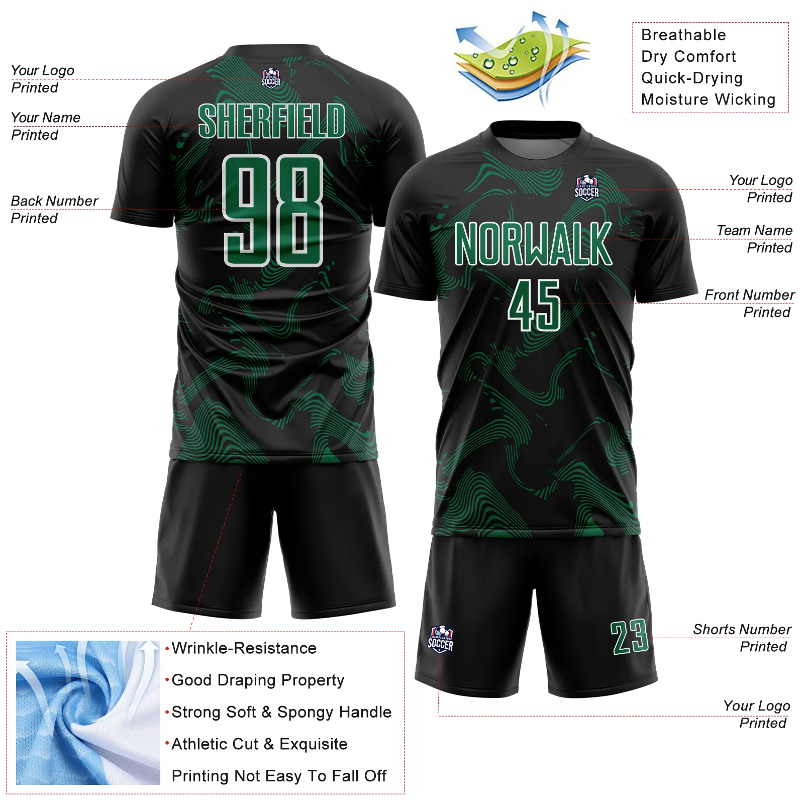 Custom Black Kelly Green-White Curve Lines Sports Sublimation Soccer Uniform Jersey - Image 4