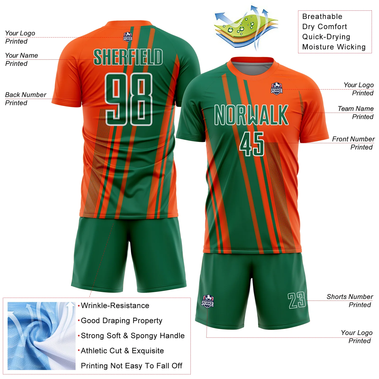 Custom Orange Kelly Green-White Lines Sports Sublimation Soccer Uniform Jersey - Image 4