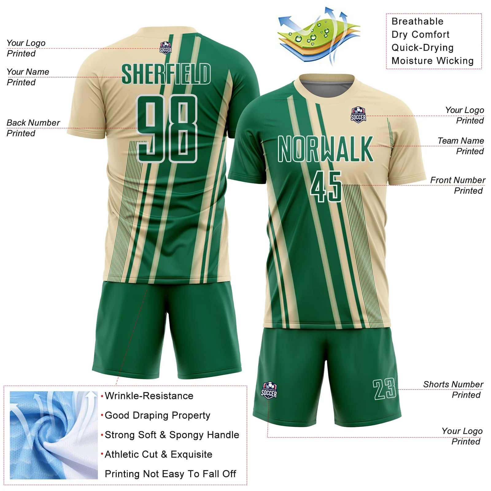 Custom Cream Kelly Green-White Lines Sports Sublimation Soccer Uniform Jersey - Image 4