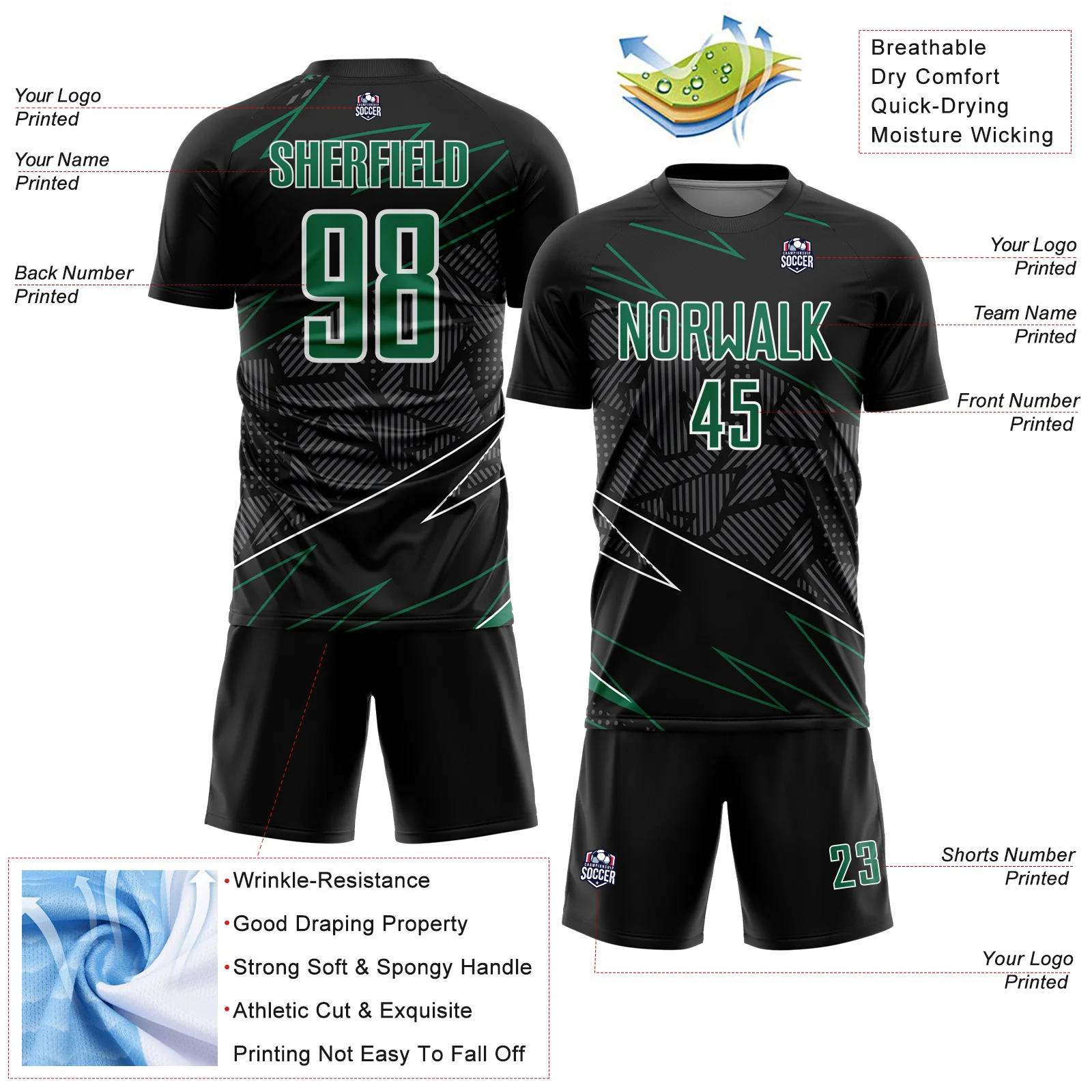 Custom Black Kelly Green-White Lines Sports Sublimation Soccer Uniform Jersey - Image 4