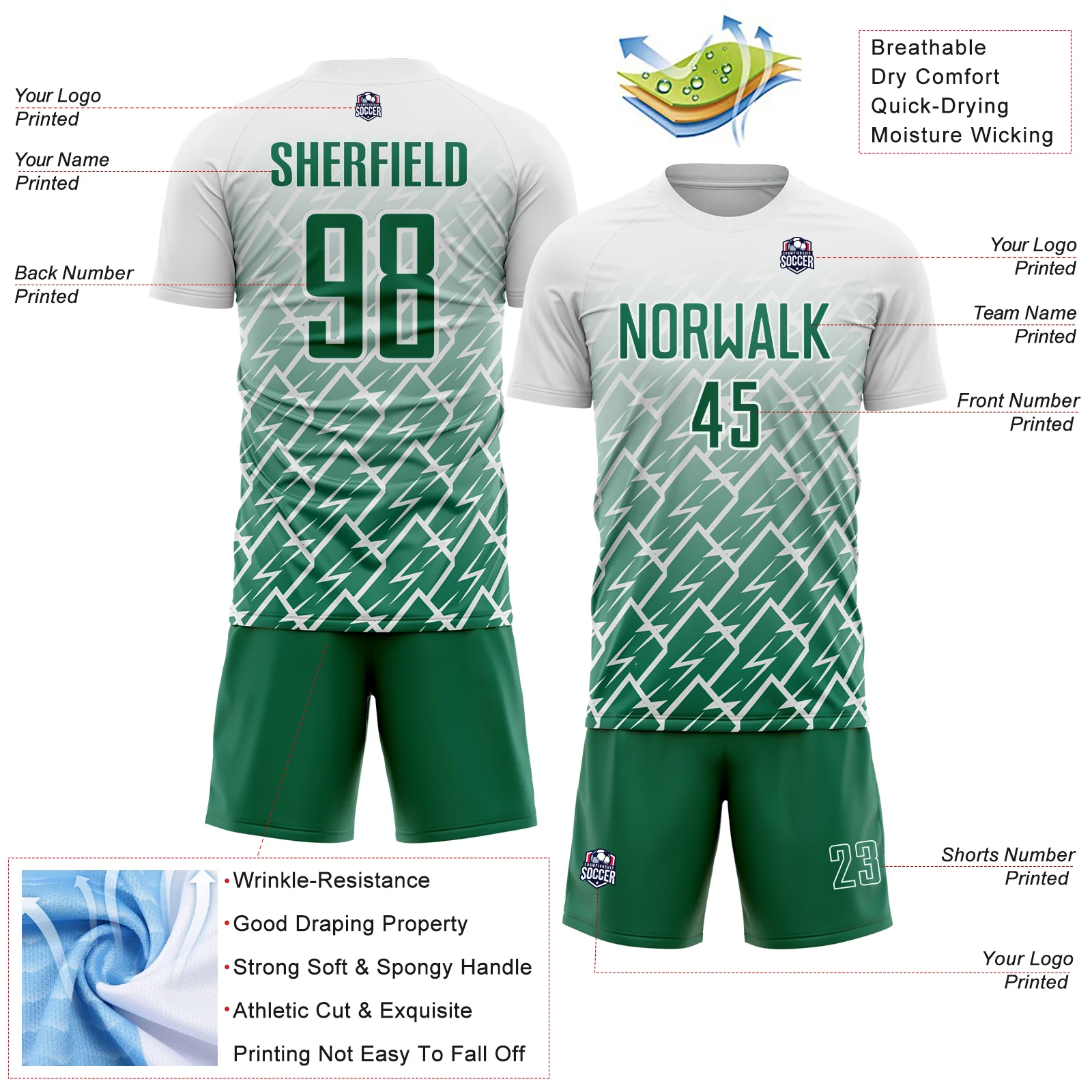 Custom White Kelly Green Lightning Sports Sublimation Soccer Uniform Jersey - Image 4