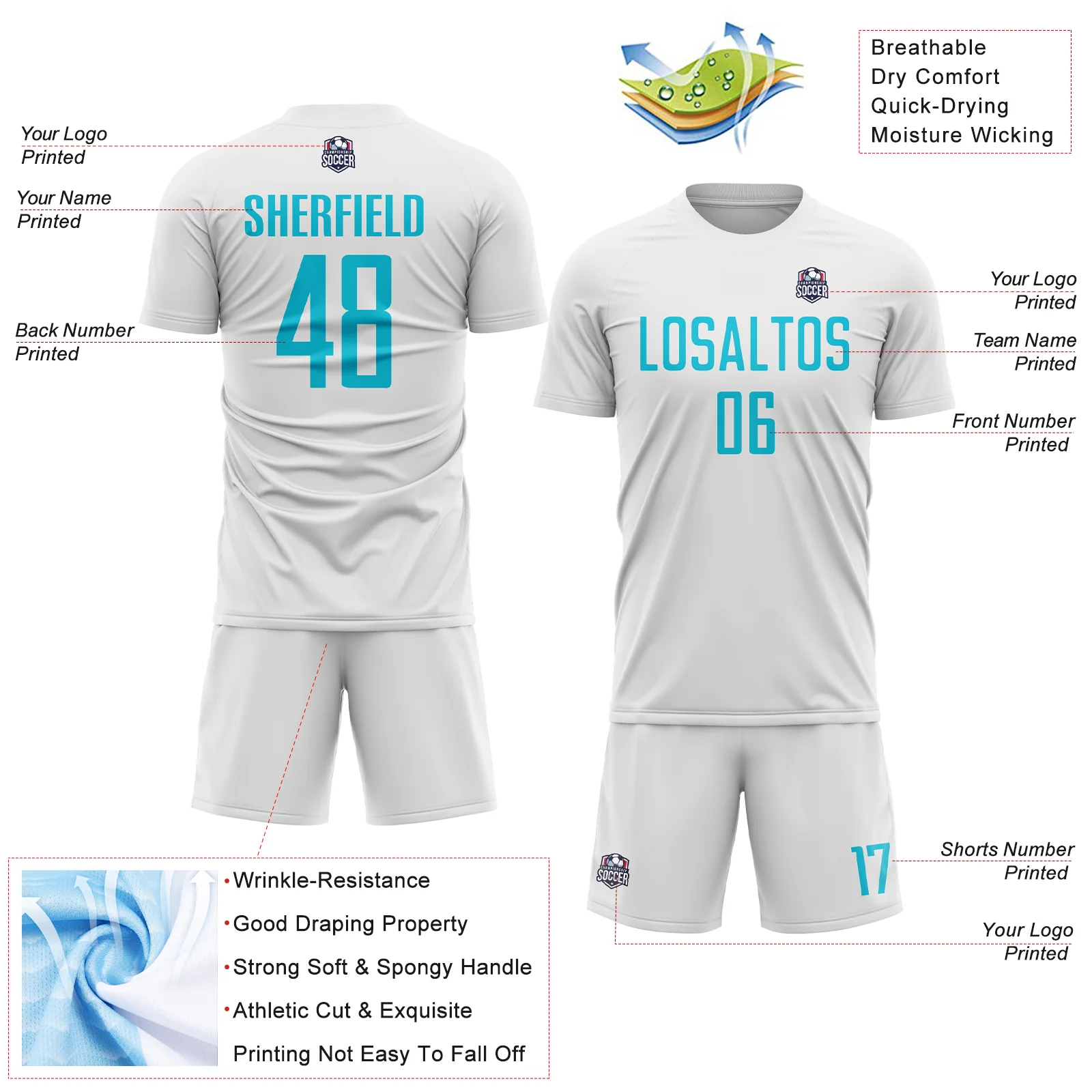 Custom White Lakes Blue Sublimation Soccer Uniform Jersey - Image 4