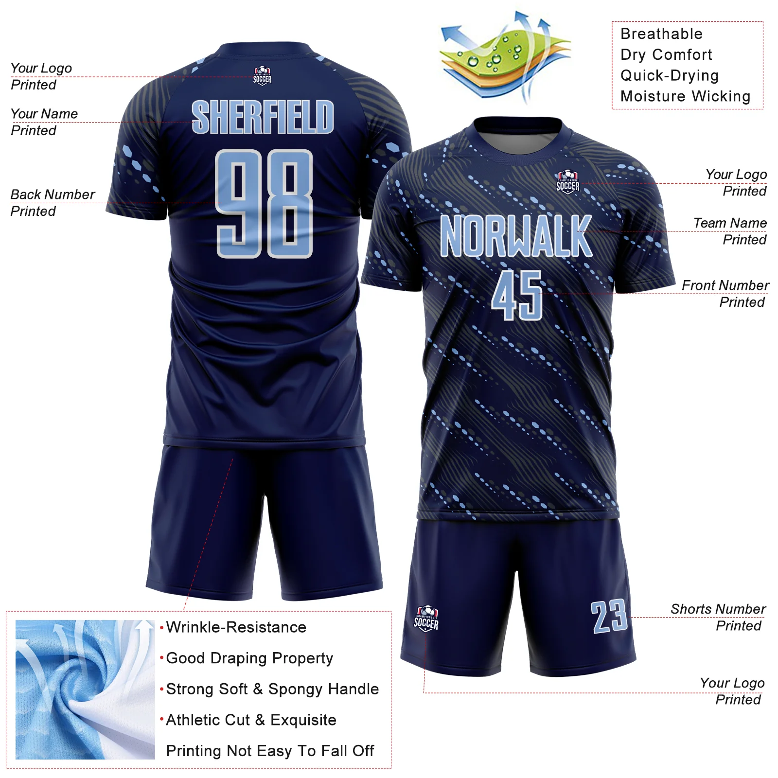 Custom Navy Light Blue-White Slant Lines Sports Sublimation Soccer Uniform Jersey - Image 4