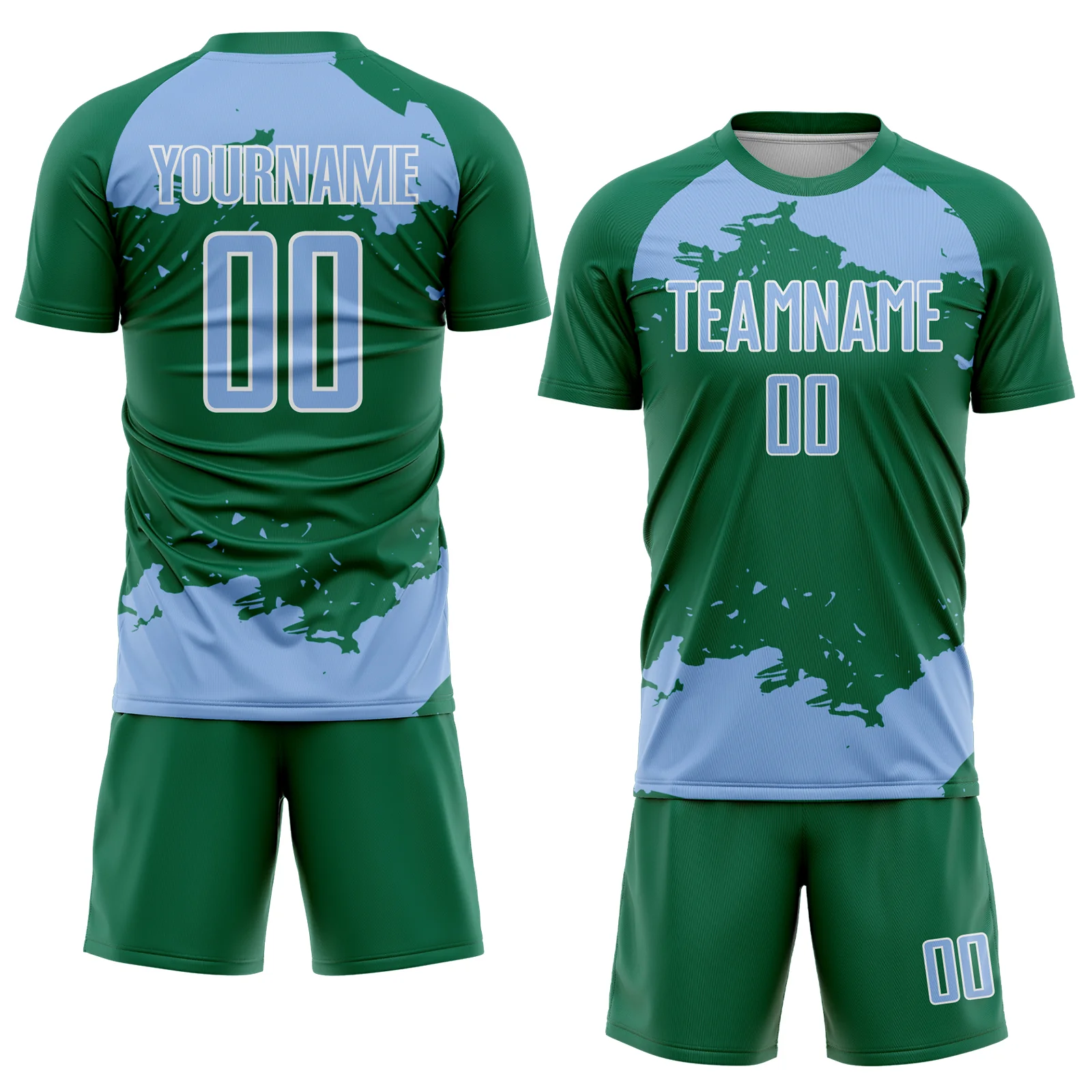Custom Kelly Green Light Blue-White Abstract Fragment Art Sublimation Soccer Uniform Jersey - Image 2