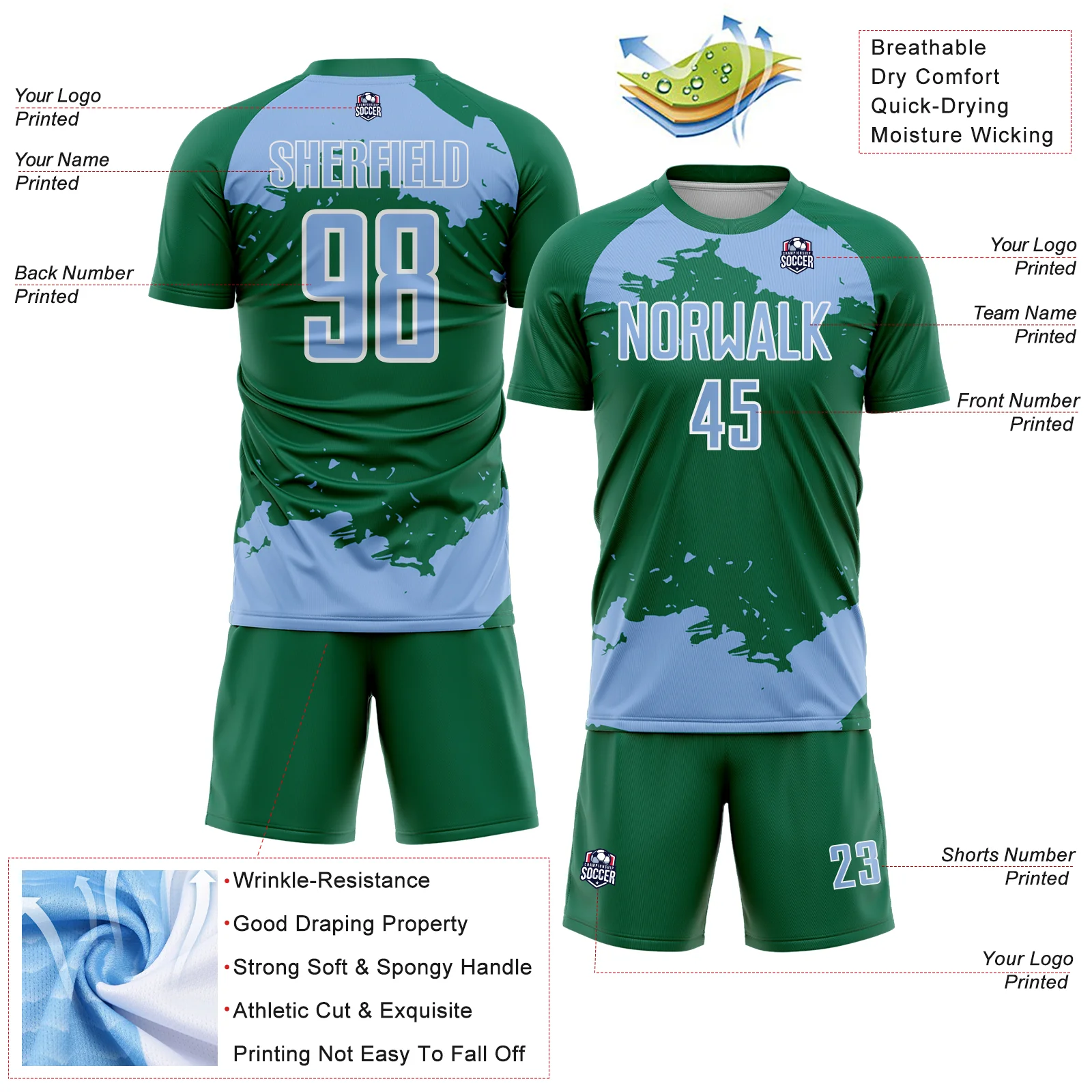 Custom Kelly Green Light Blue-White Abstract Fragment Art Sublimation Soccer Uniform Jersey - Image 4