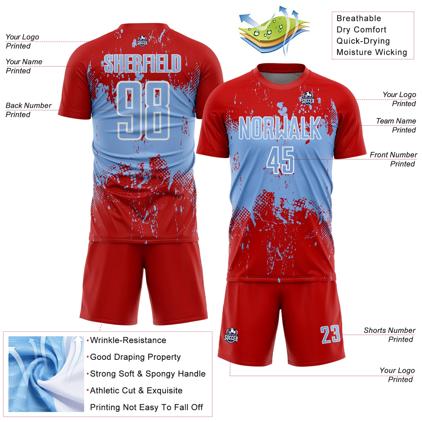 Custom Red Light Blue-White Abstract Splatter Grunge Art Sports Sublimation Soccer Uniform Jersey - Image 4