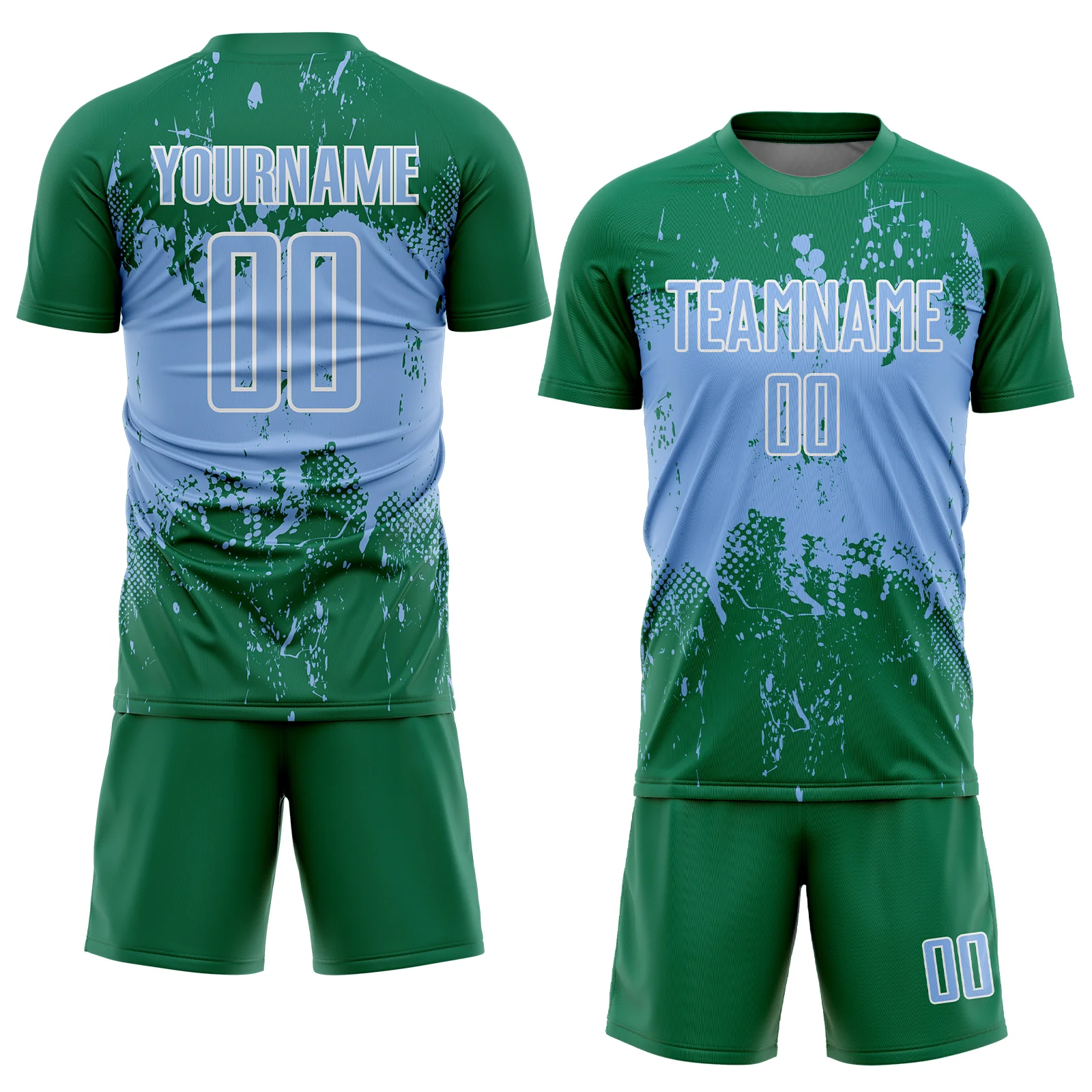 Custom Kelly Green Light Blue-White Abstract Splatter Grunge Art Sports Sublimation Soccer Uniform Jersey - Image 2