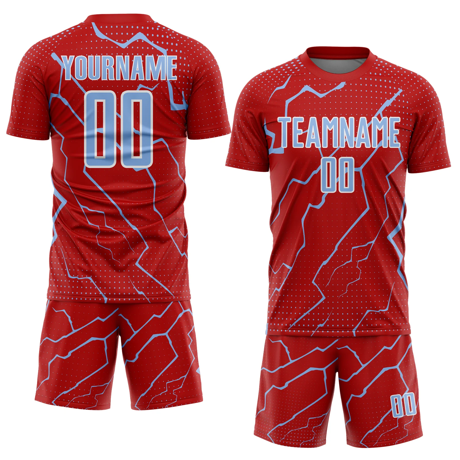 Custom Red Light Blue-White Lightning Sports Sublimation Soccer Uniform Jersey - Image 2