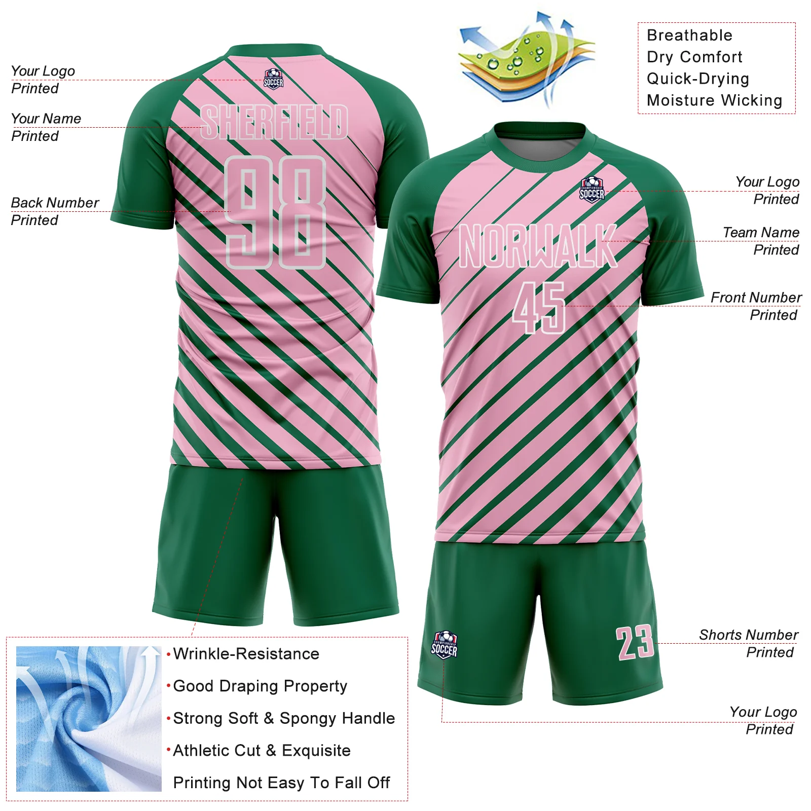 Custom Kelly Green Light Pink-White Lines Sublimation Soccer Uniform Jersey - Image 4