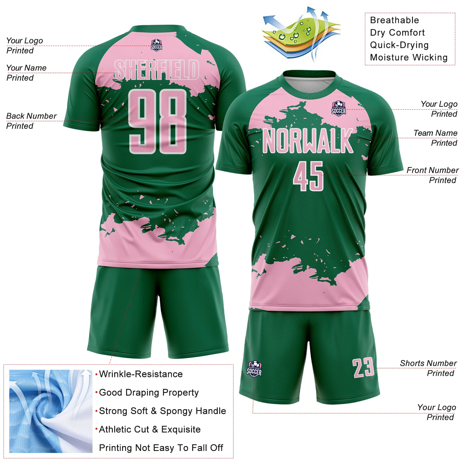 Custom Kelly Green Light Pink-White Abstract Fragment Art Sublimation Soccer Uniform Jersey - Image 4