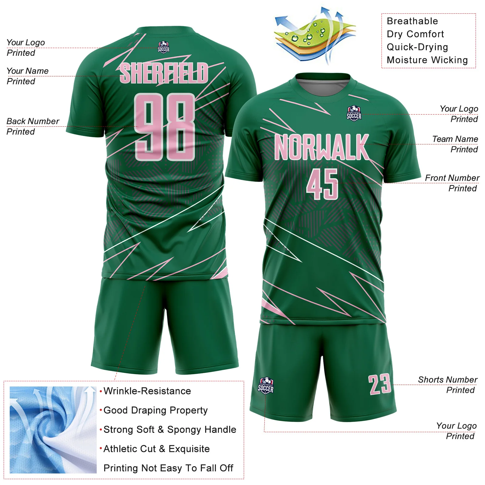 Custom Kelly Green Light Pink-White Lines Sports Sublimation Soccer Uniform Jersey - Image 4
