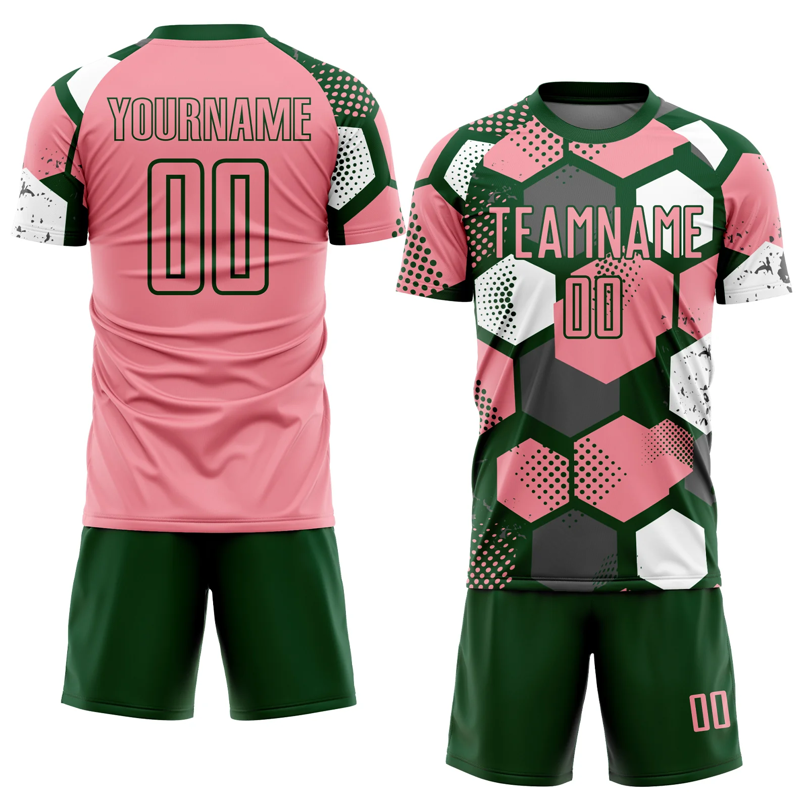 Custom Green Medium Pink-White Geometric Shape Sublimation Soccer Uniform Jersey - Image 2