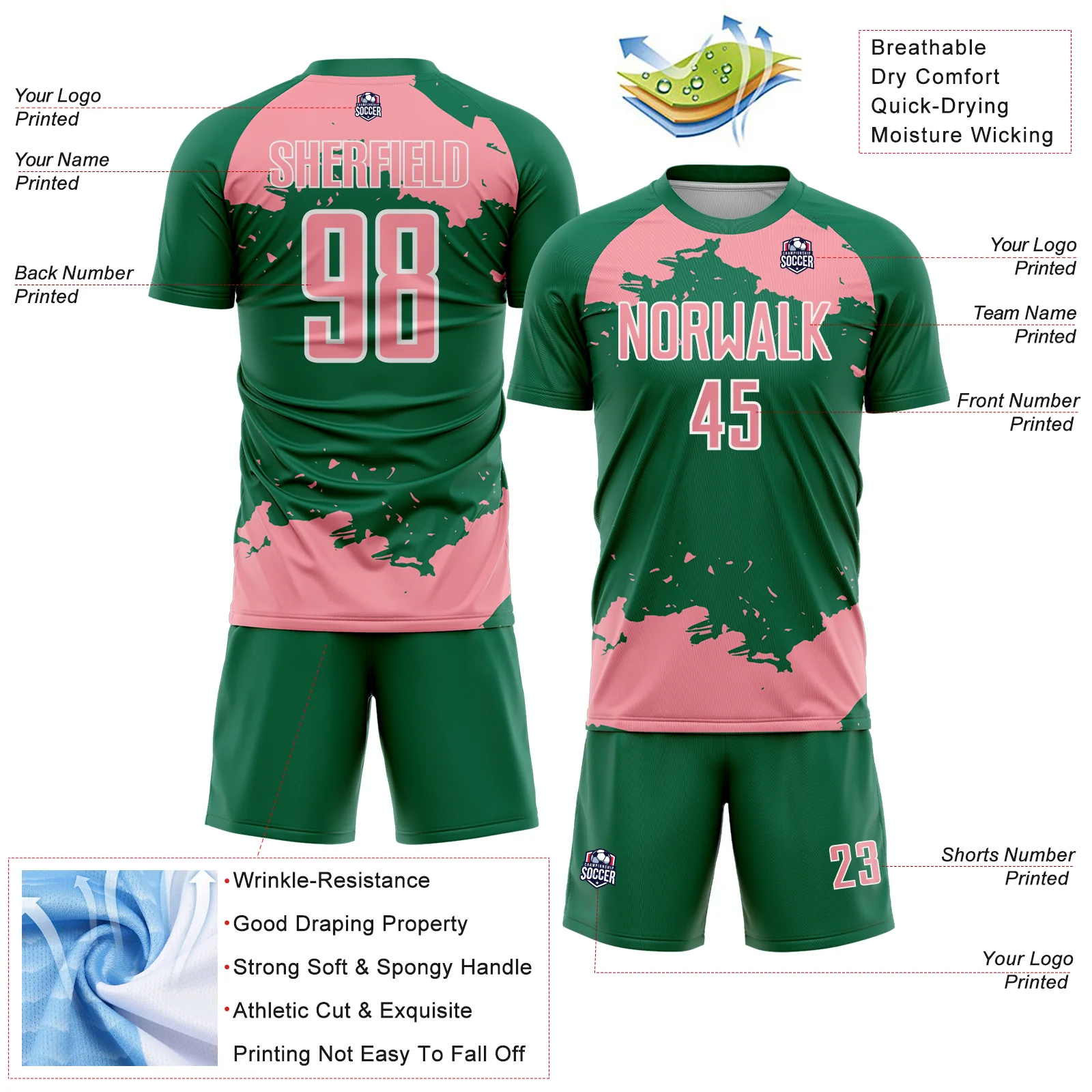 Custom Kelly Green Medium Pink-White Abstract Fragment Art Sublimation Soccer Uniform Jersey - Image 4