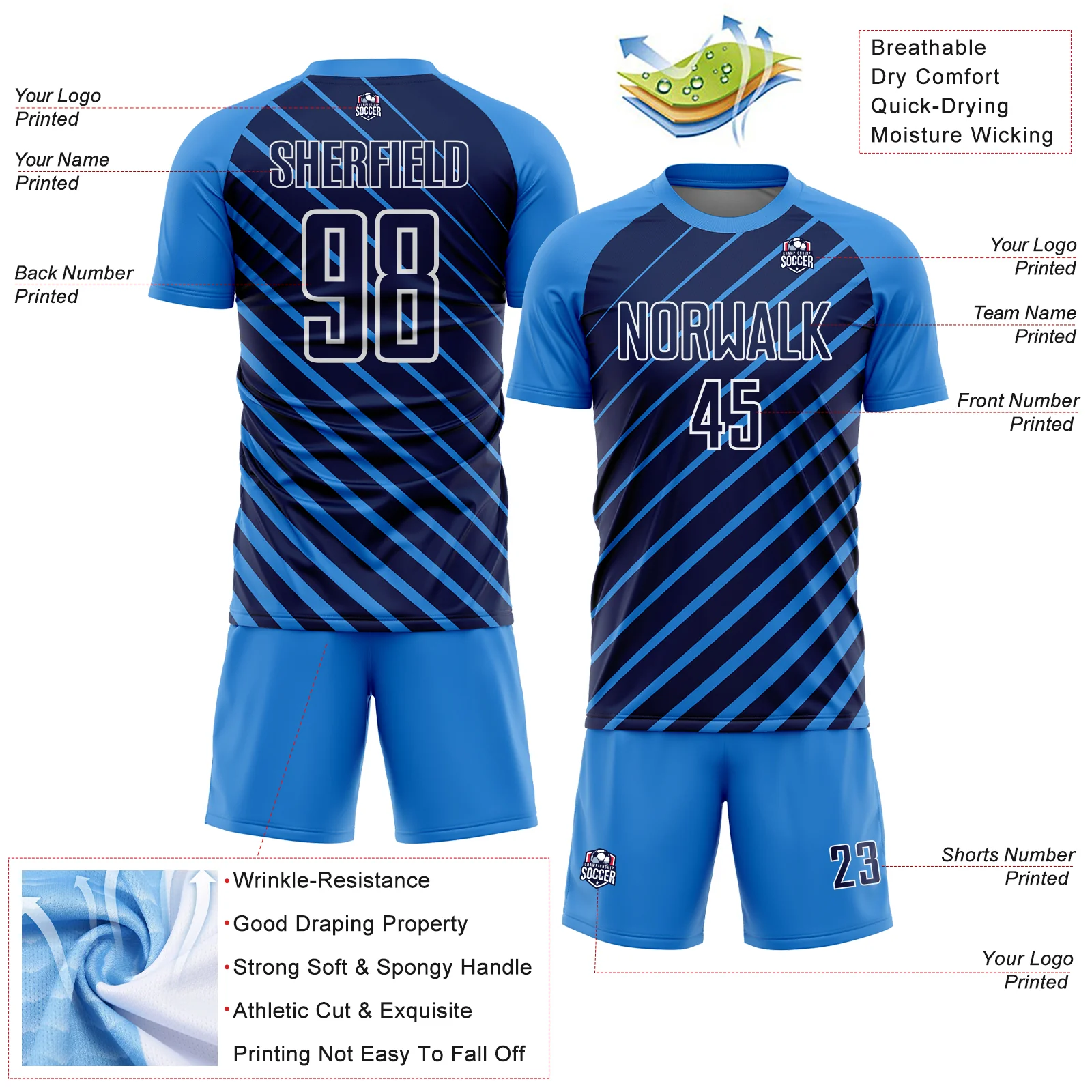 Custom Powder Blue Navy-White Lines Sublimation Soccer Uniform Jersey - Image 4
