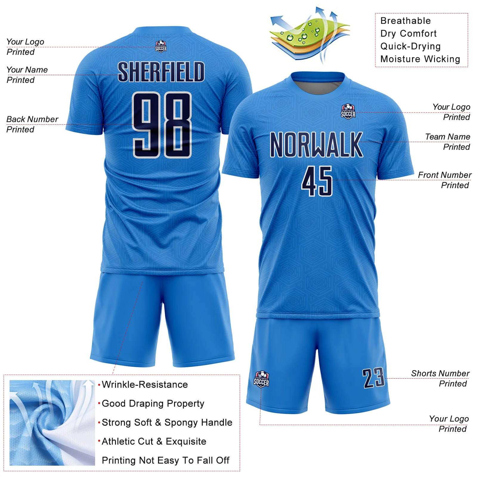 Custom Powder Blue Navy-White Geometric Shape Sports Sublimation Soccer Uniform Jersey - Image 4