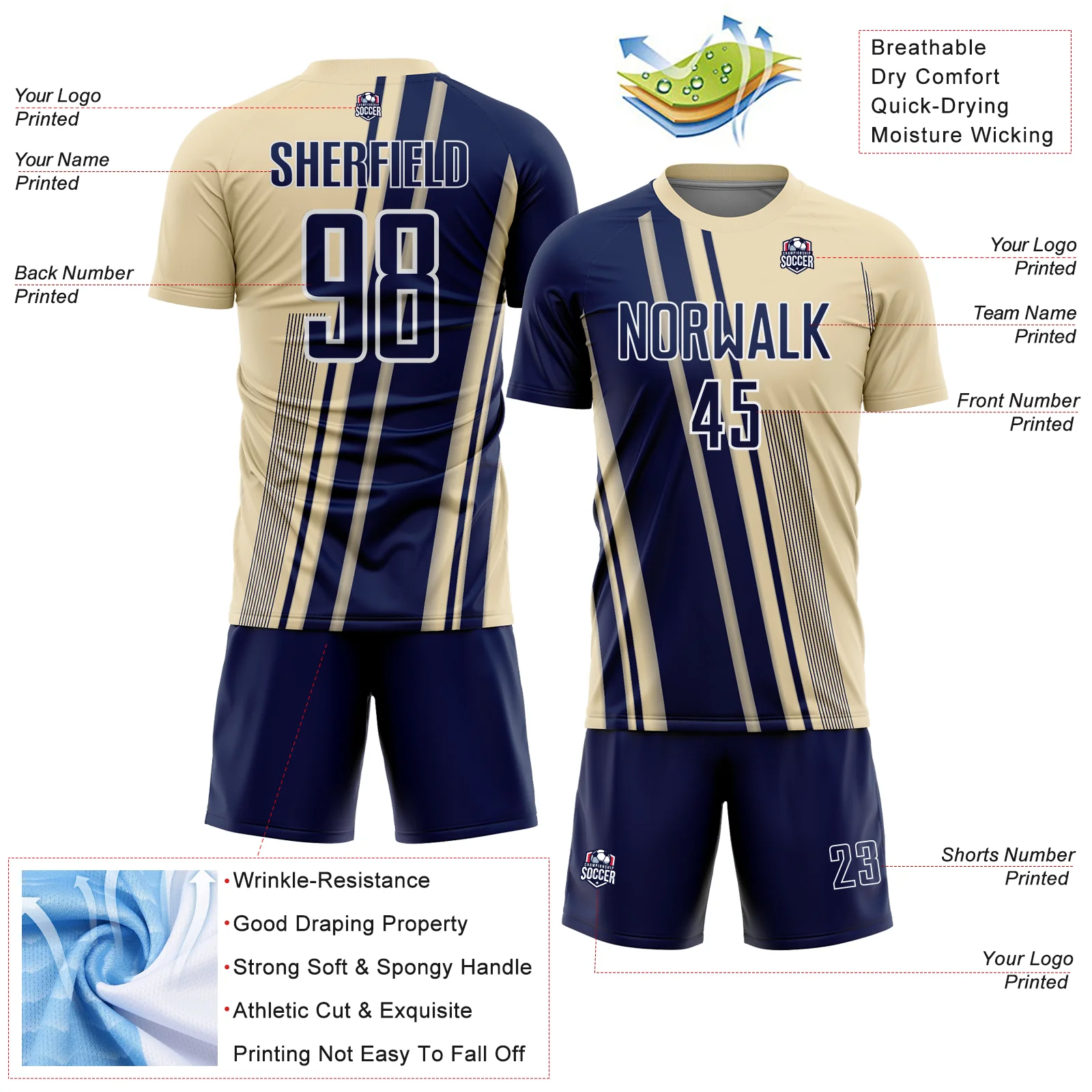 Custom Cream Navy-White Lines Sports Sublimation Soccer Uniform Jersey - Image 4