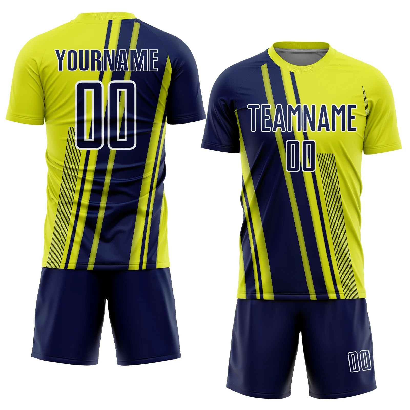Custom Neon Yellow Navy-White Lines Sports Sublimation Soccer Uniform Jersey - Image 2