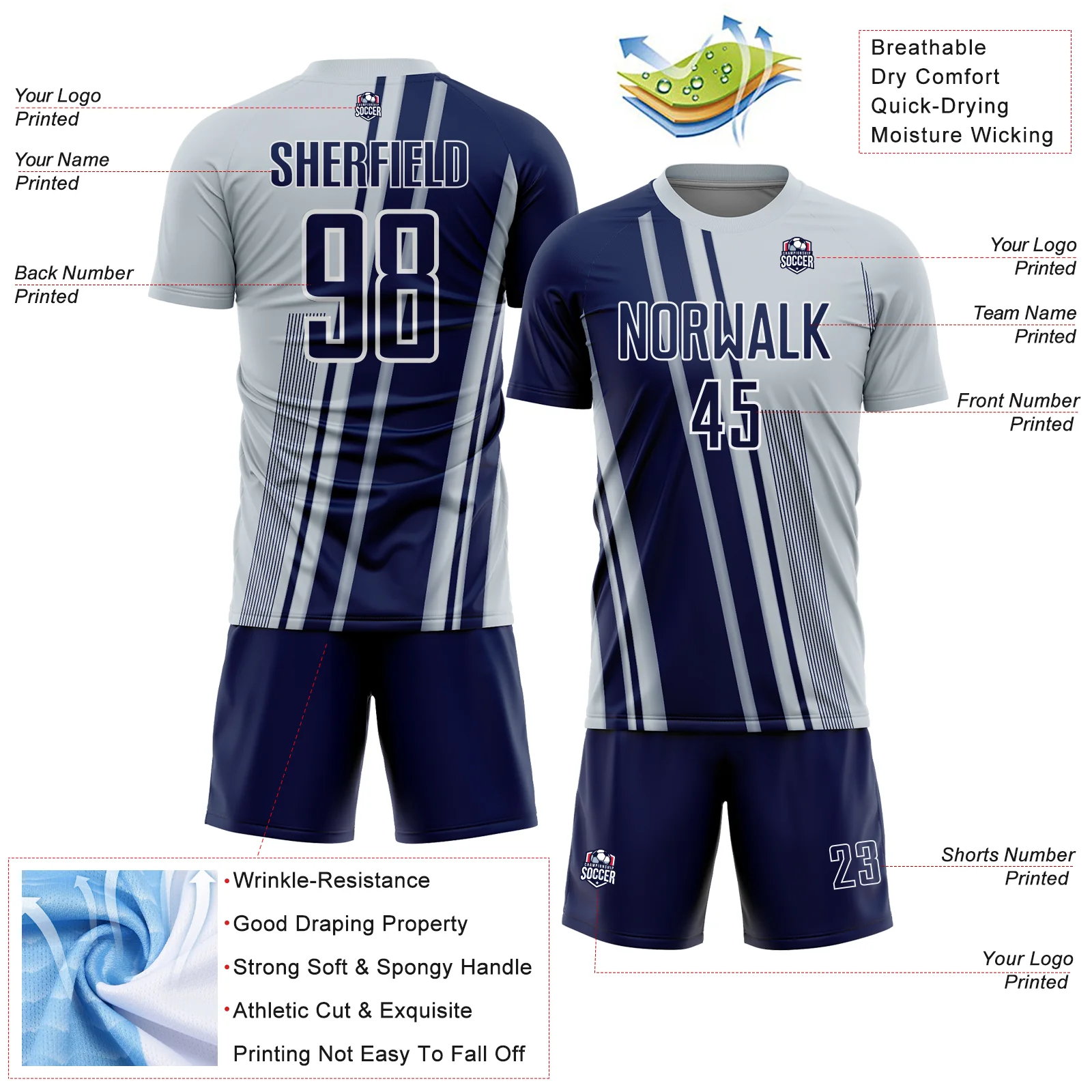 Custom Silver Navy-White Lines Sports Sublimation Soccer Uniform Jersey - Image 4