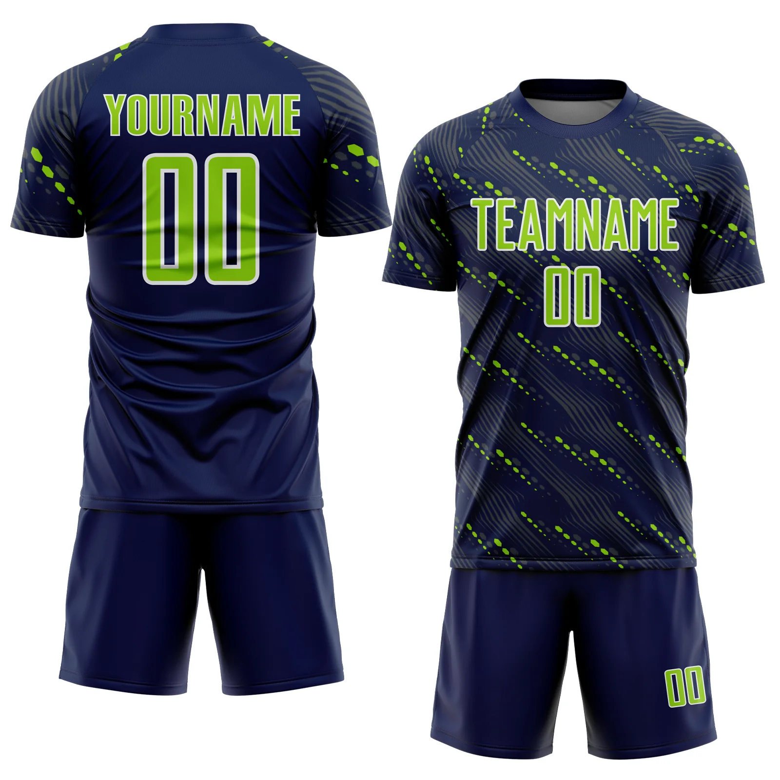Custom Navy Neon Green-White Slant Lines Sports Sublimation Soccer Uniform Jersey - Image 2
