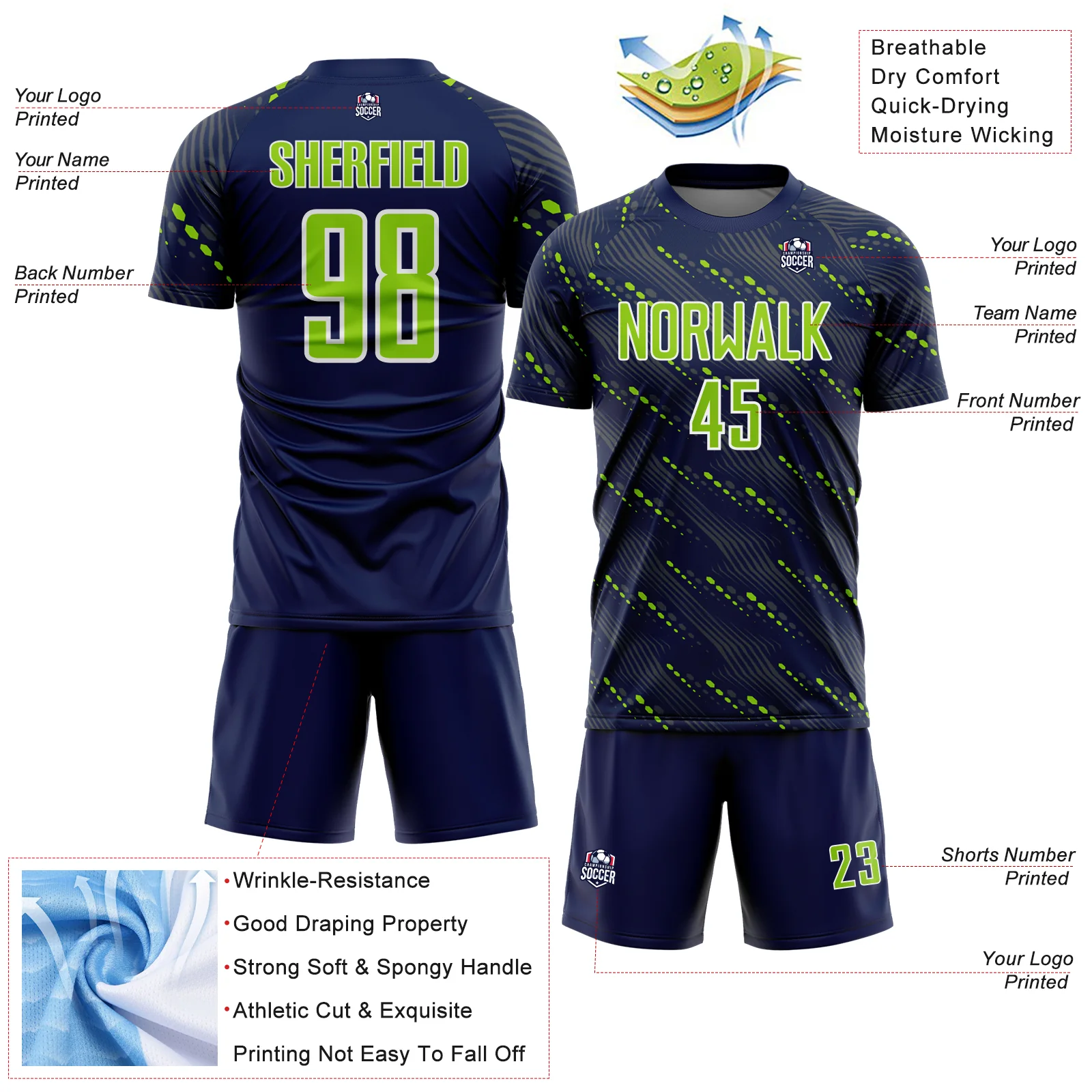 Custom Navy Neon Green-White Slant Lines Sports Sublimation Soccer Uniform Jersey - Image 4