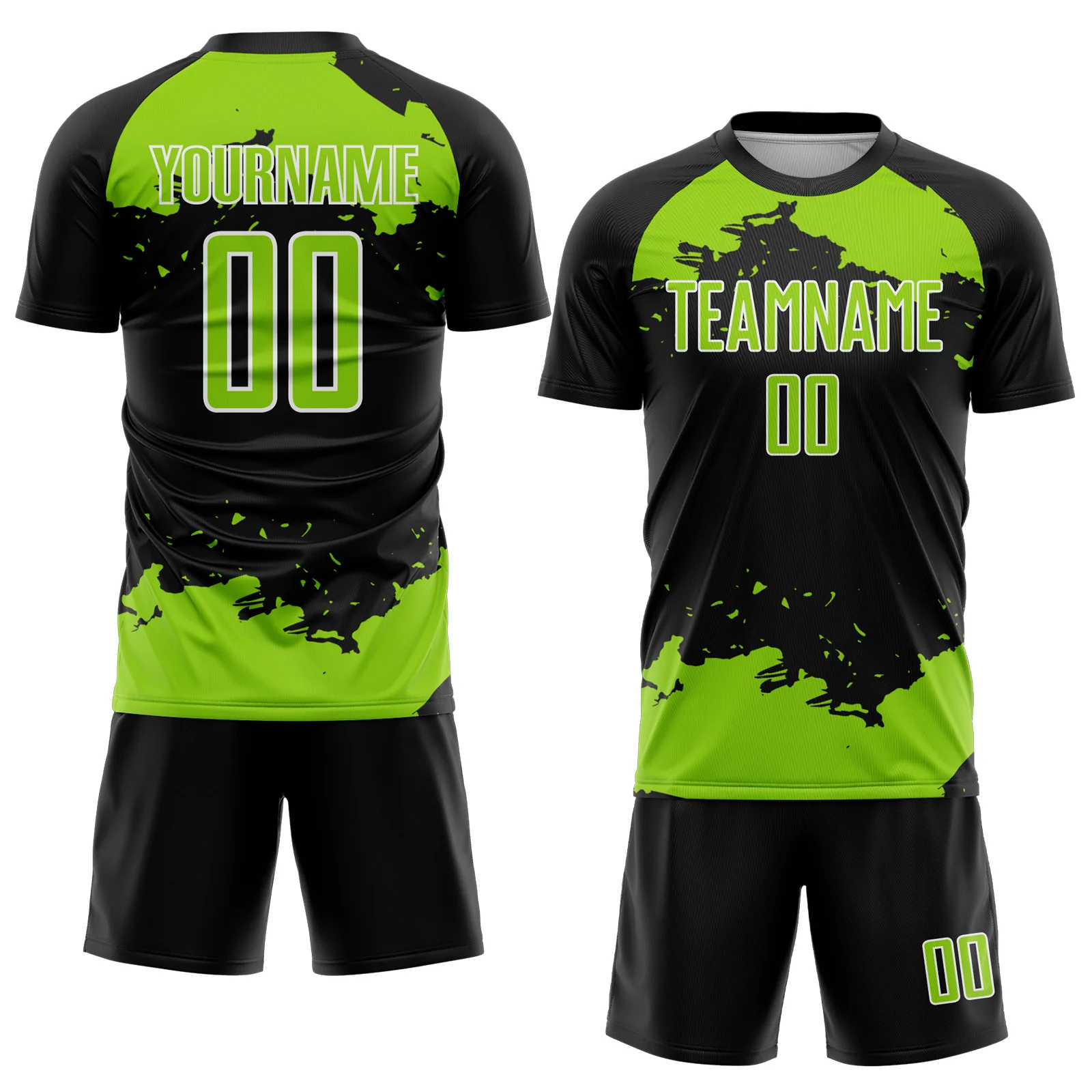 Custom Black Neon Green-White Abstract Fragment Art Sublimation Soccer Uniform Jersey - Image 2