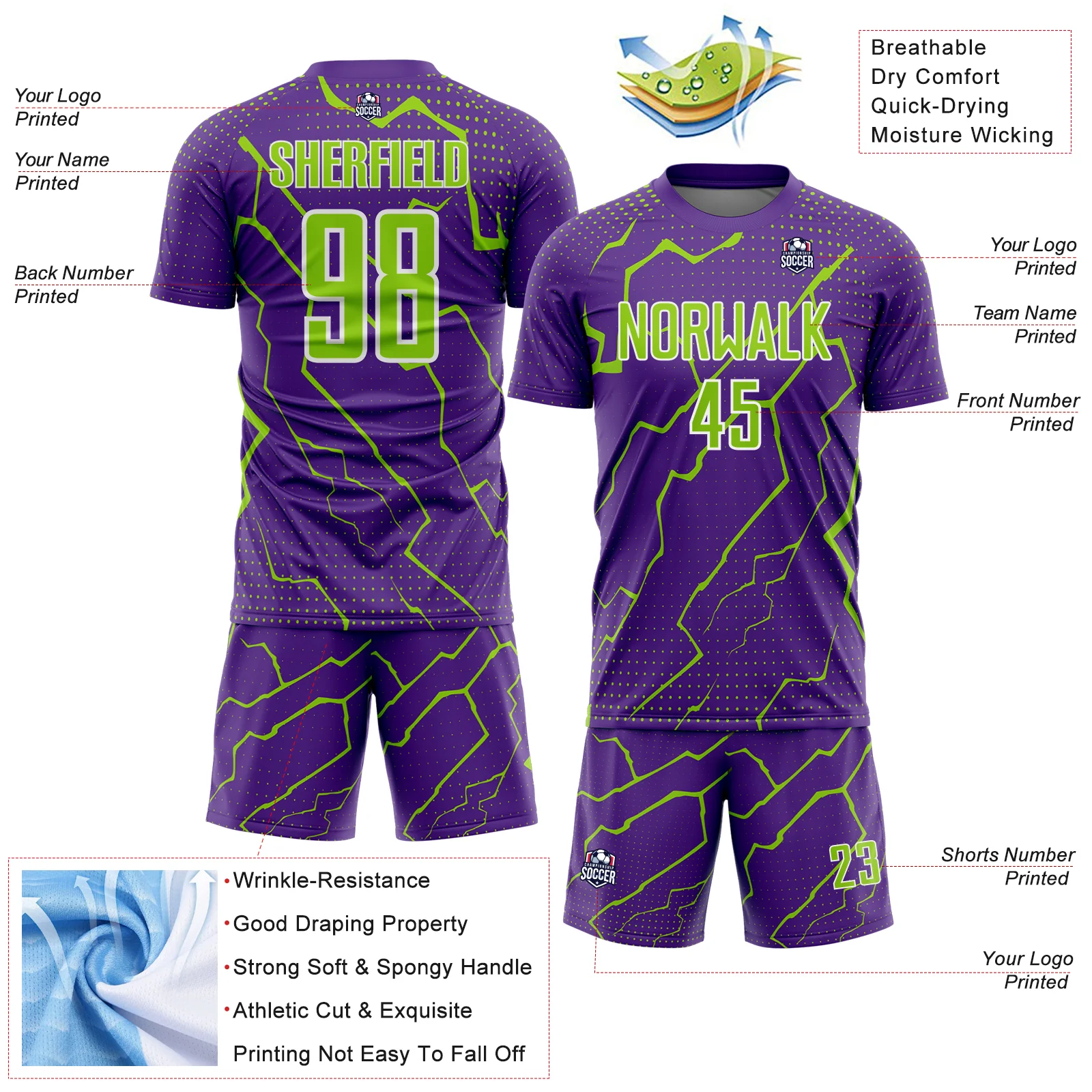 Custom Purple Neon Green-White Lightning Sports Sublimation Soccer Uniform Jersey - Image 4