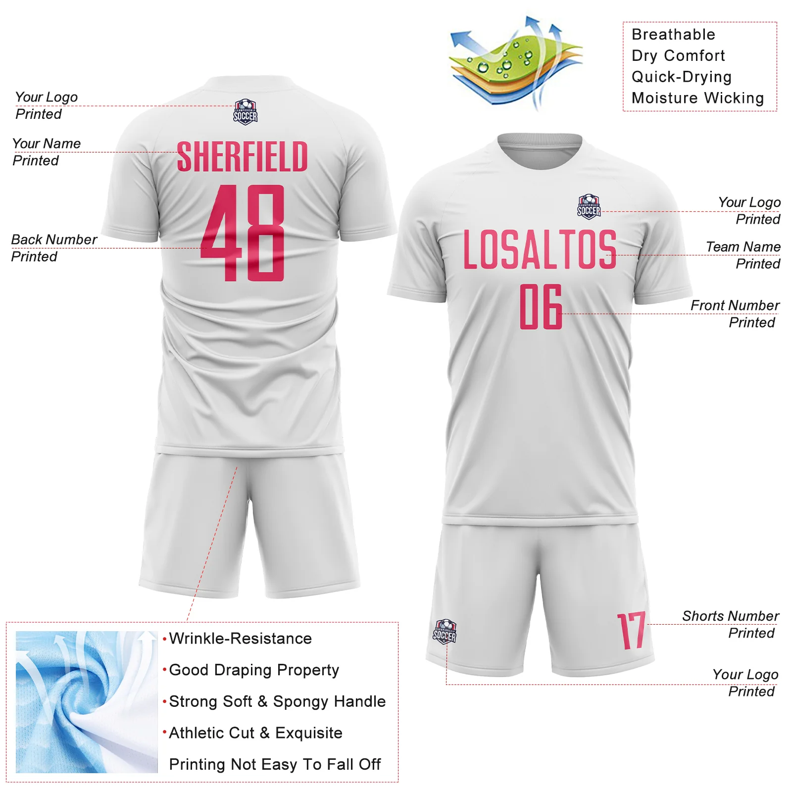 Custom White Neon Pink Sublimation Soccer Uniform Jersey - Image 4