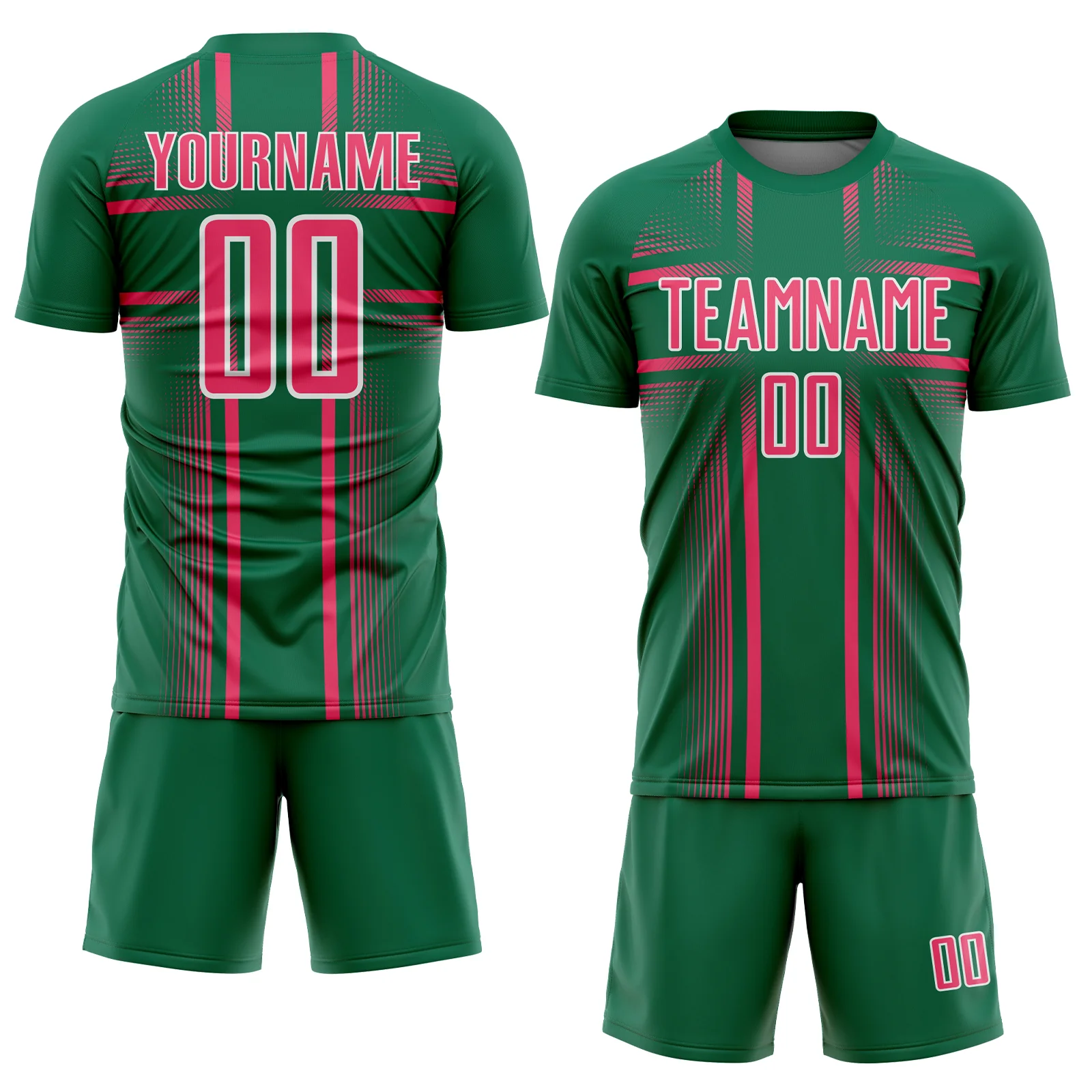 Custom Kelly Green Neon Pink-White Lines Sublimation Soccer Uniform Jersey - Image 2