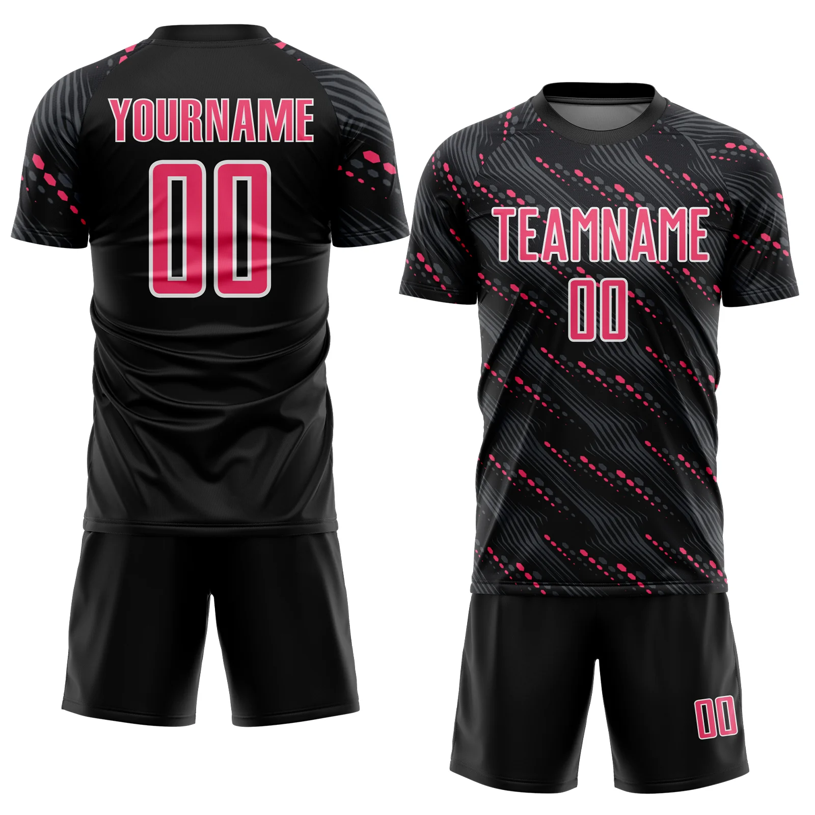 Custom Black Neon Pink-White Slant Lines Sports Sublimation Soccer Uniform Jersey - Image 2