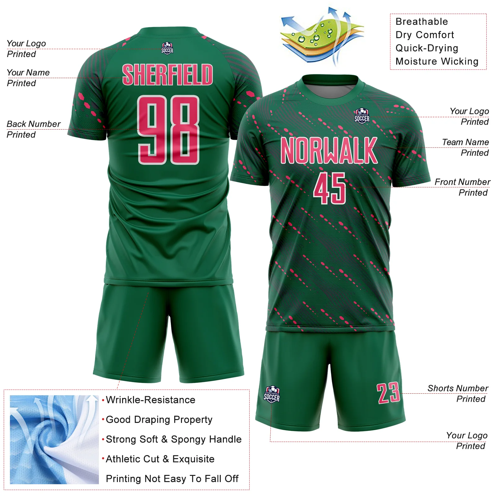 Custom Kelly Green Neon Pink-White Slant Lines Sports Sublimation Soccer Uniform Jersey - Image 4