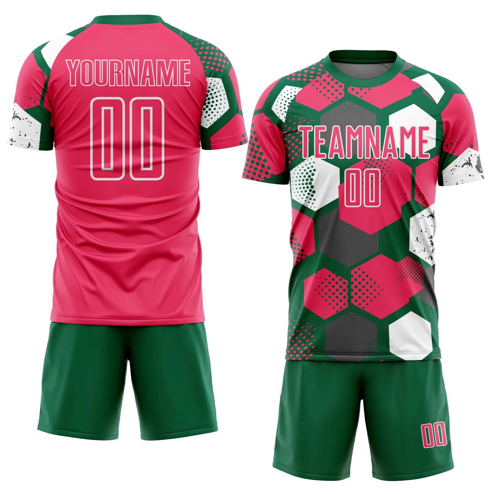 Custom Kelly Green Neon Pink-White Geometric Shape Sublimation Soccer Uniform Jersey - Image 2