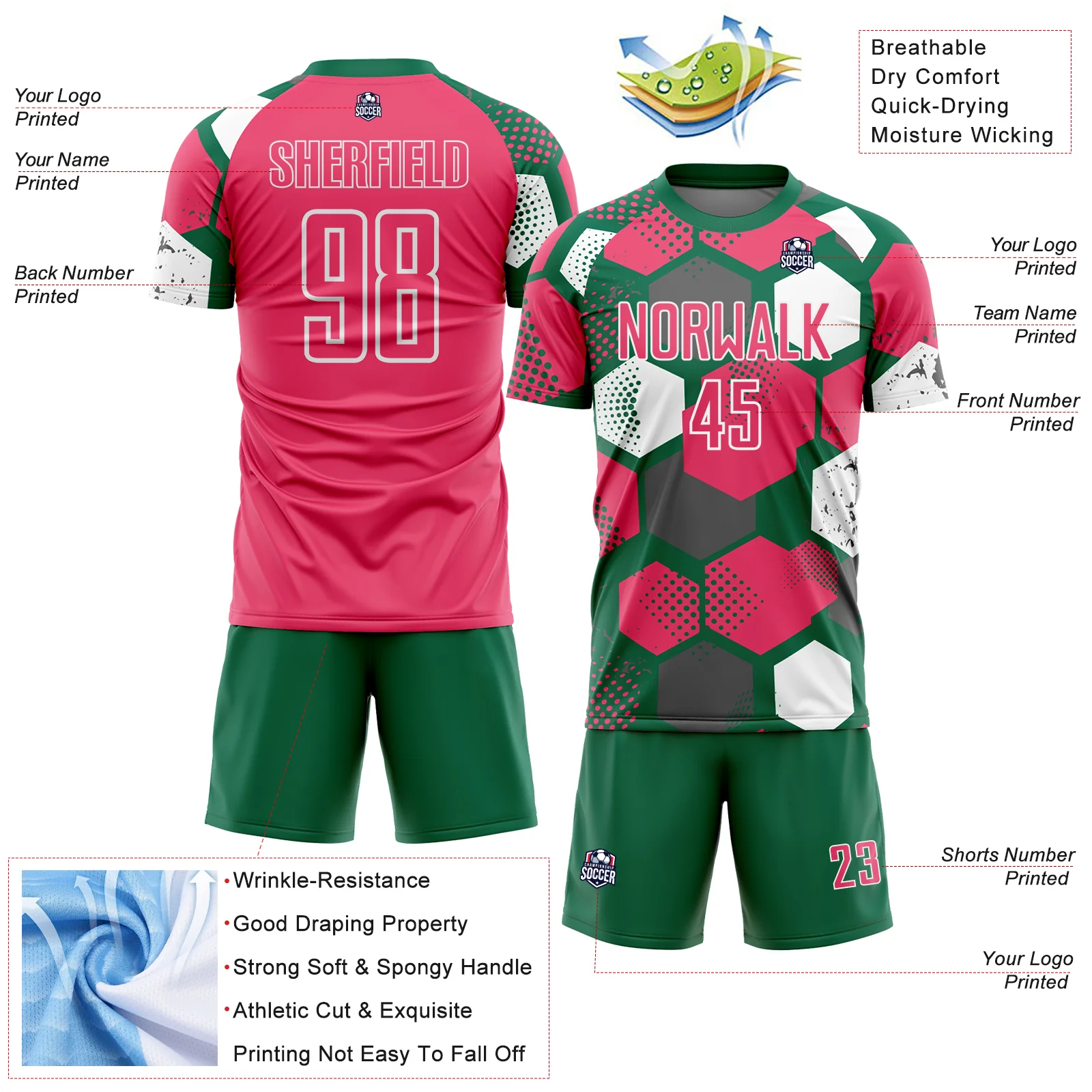 Custom Kelly Green Neon Pink-White Geometric Shape Sublimation Soccer Uniform Jersey - Image 4