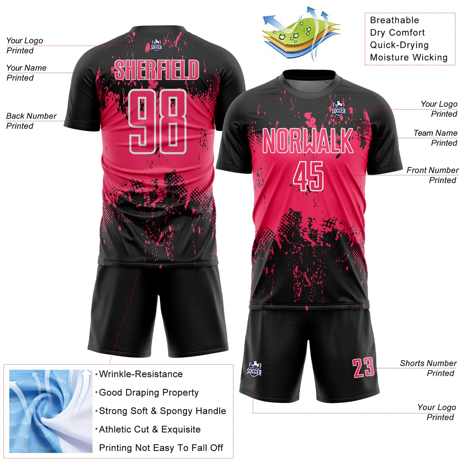 Custom Black Neon Pink-White Abstract Splatter Grunge Art Sports Sublimation Soccer Uniform Jersey - Image 4