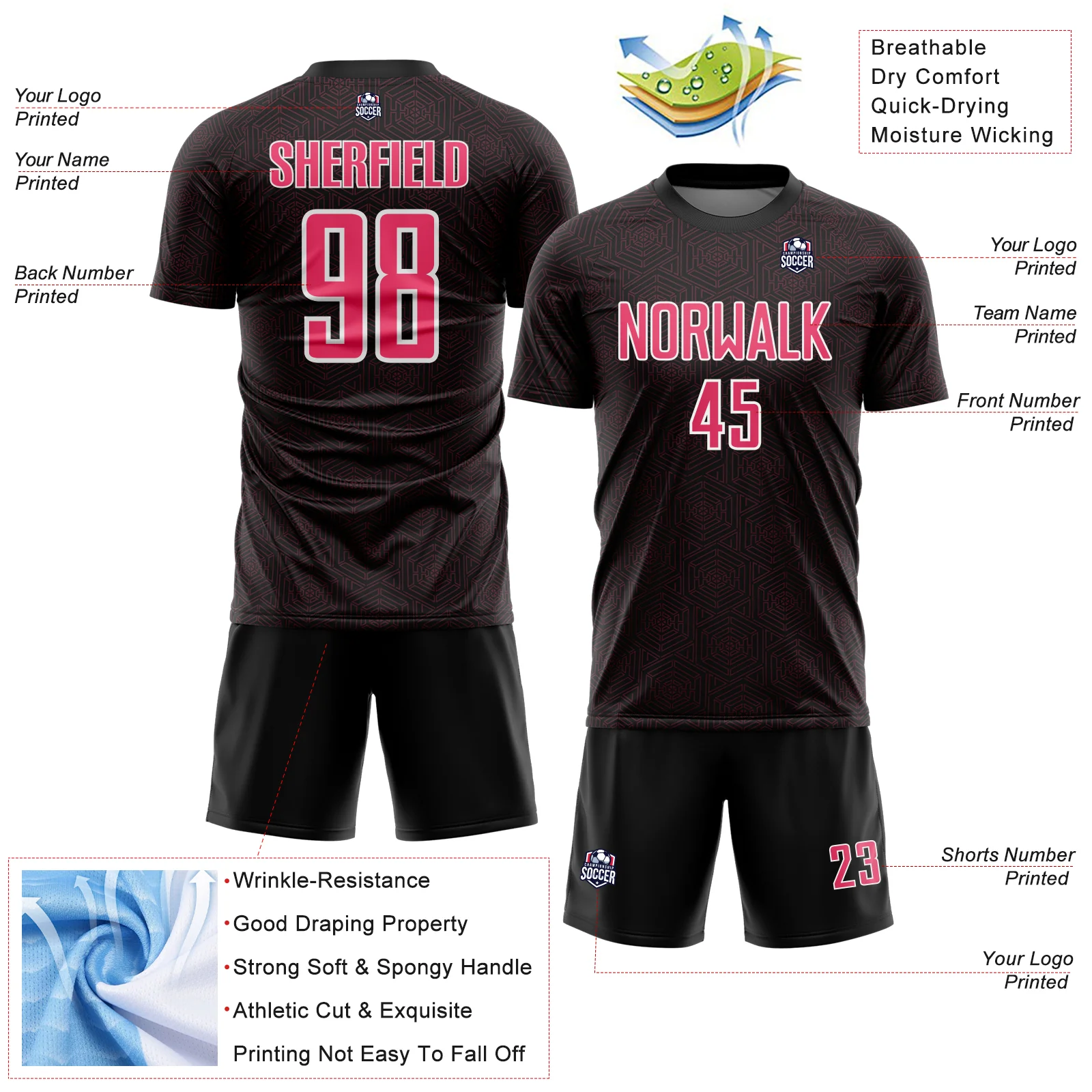 Custom Black Neon Pink-White Geometric Shape Sports Sublimation Soccer Uniform Jersey - Image 4