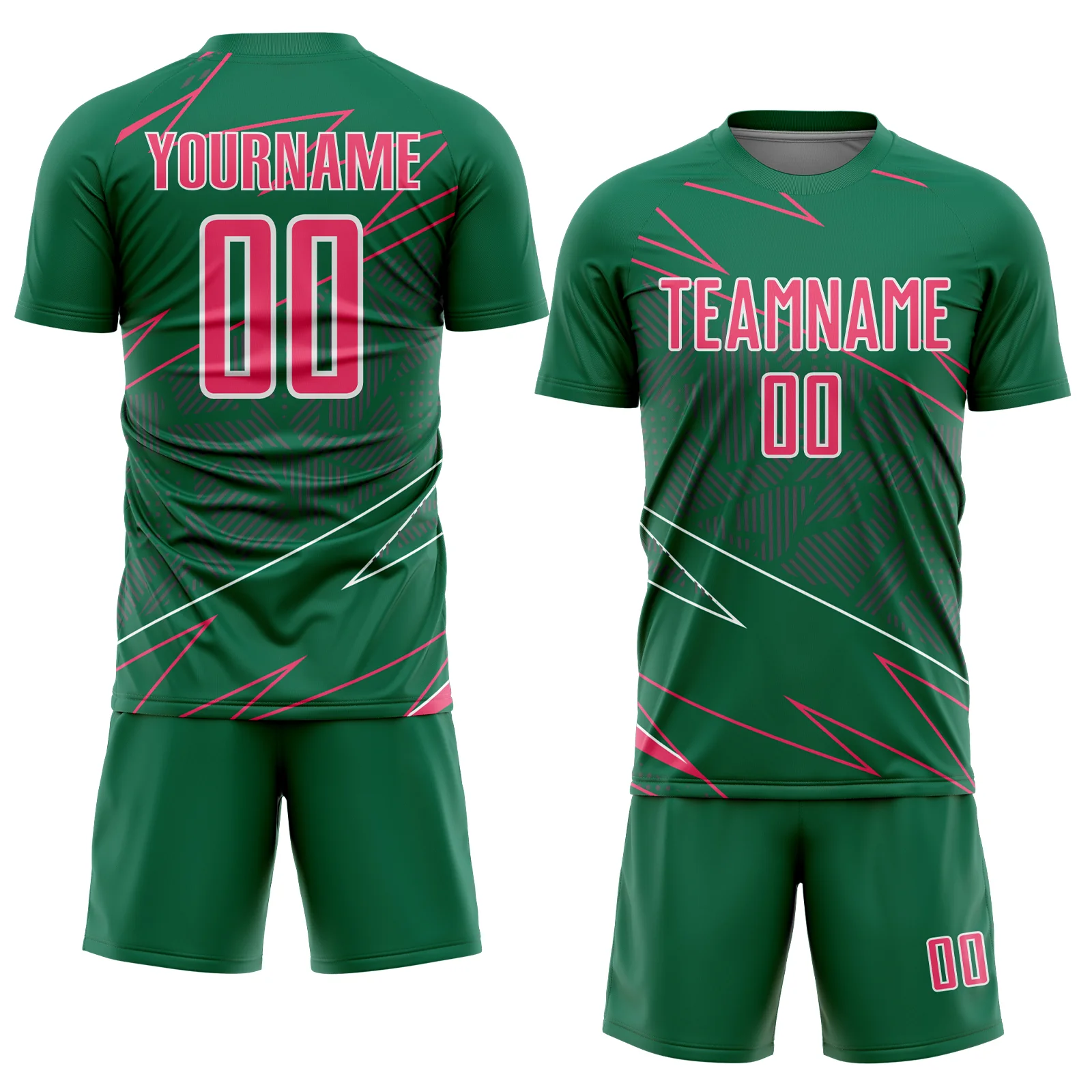 Custom Kelly Green Neon Pink-White Lines Sports Sublimation Soccer Uniform Jersey - Image 2