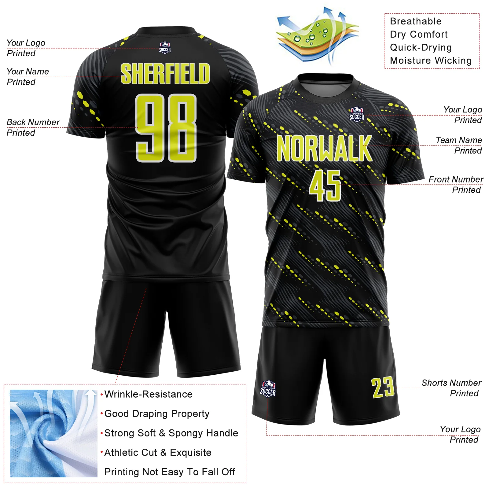 Custom Black Neon Yellow-White Slant Lines Sports Sublimation Soccer Uniform Jersey - Image 4