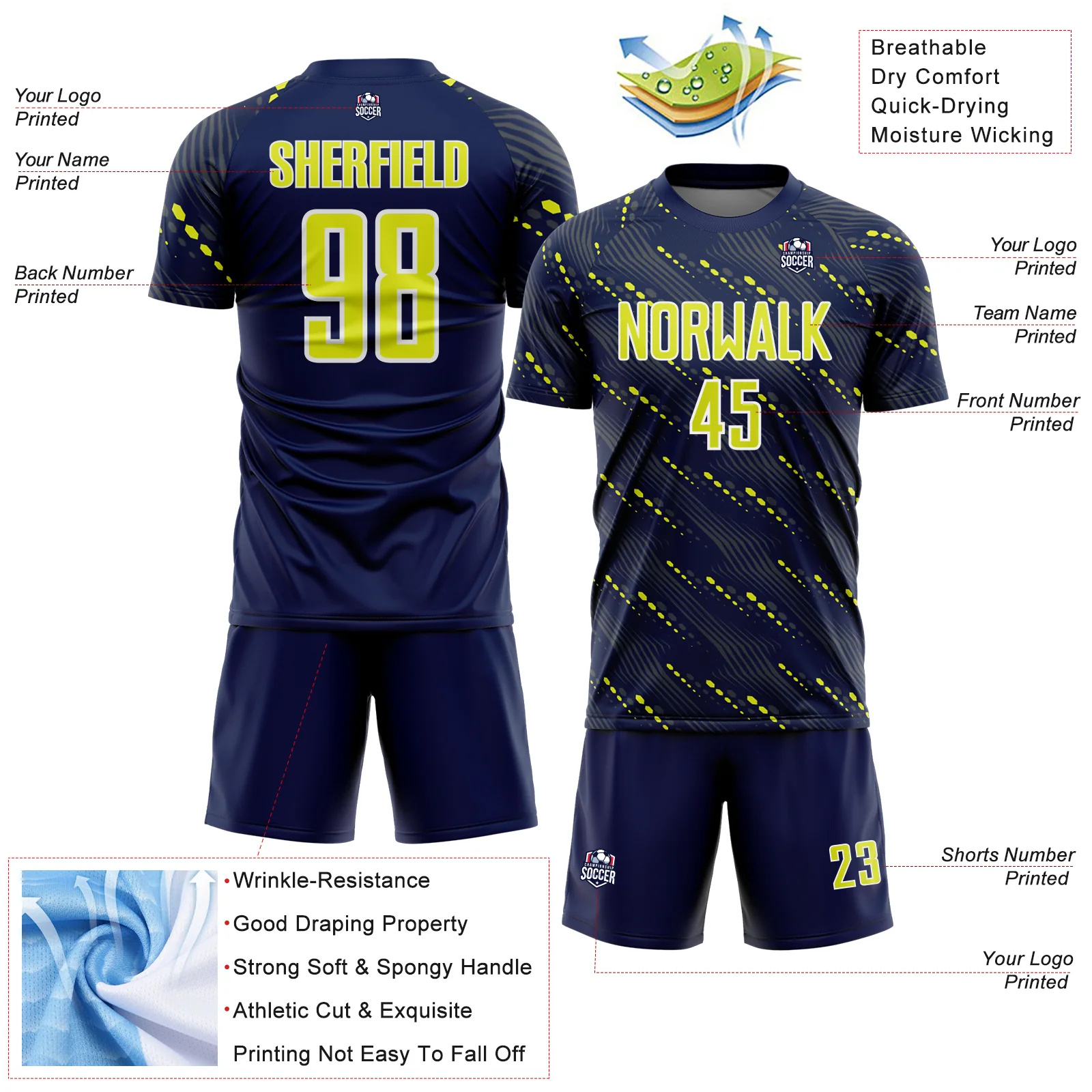 Custom Navy Neon Yellow-White Slant Lines Sports Sublimation Soccer Uniform Jersey - Image 4