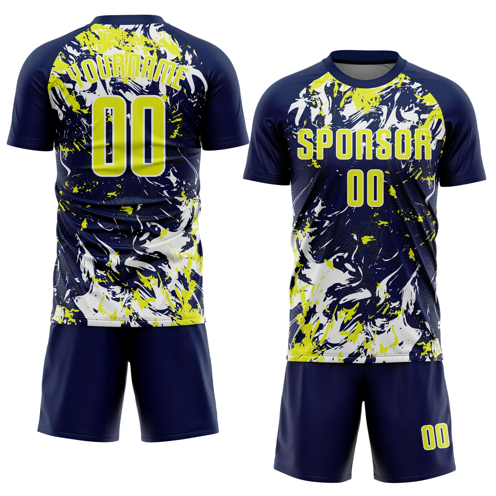 Custom Navy Neon Yellow-White Fluid Art Splash Sublimation Soccer Uniform Jersey - Image 2