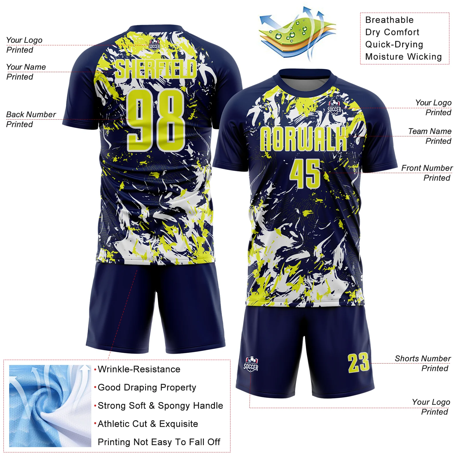 Custom Navy Neon Yellow-White Fluid Art Splash Sublimation Soccer Uniform Jersey - Image 4