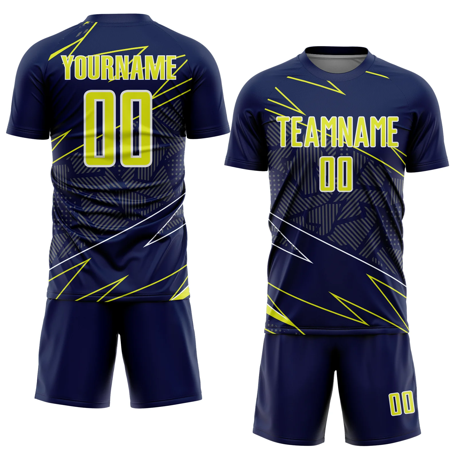 Custom Navy Neon Yellow-White Lines Sports Sublimation Soccer Uniform Jersey - Image 2